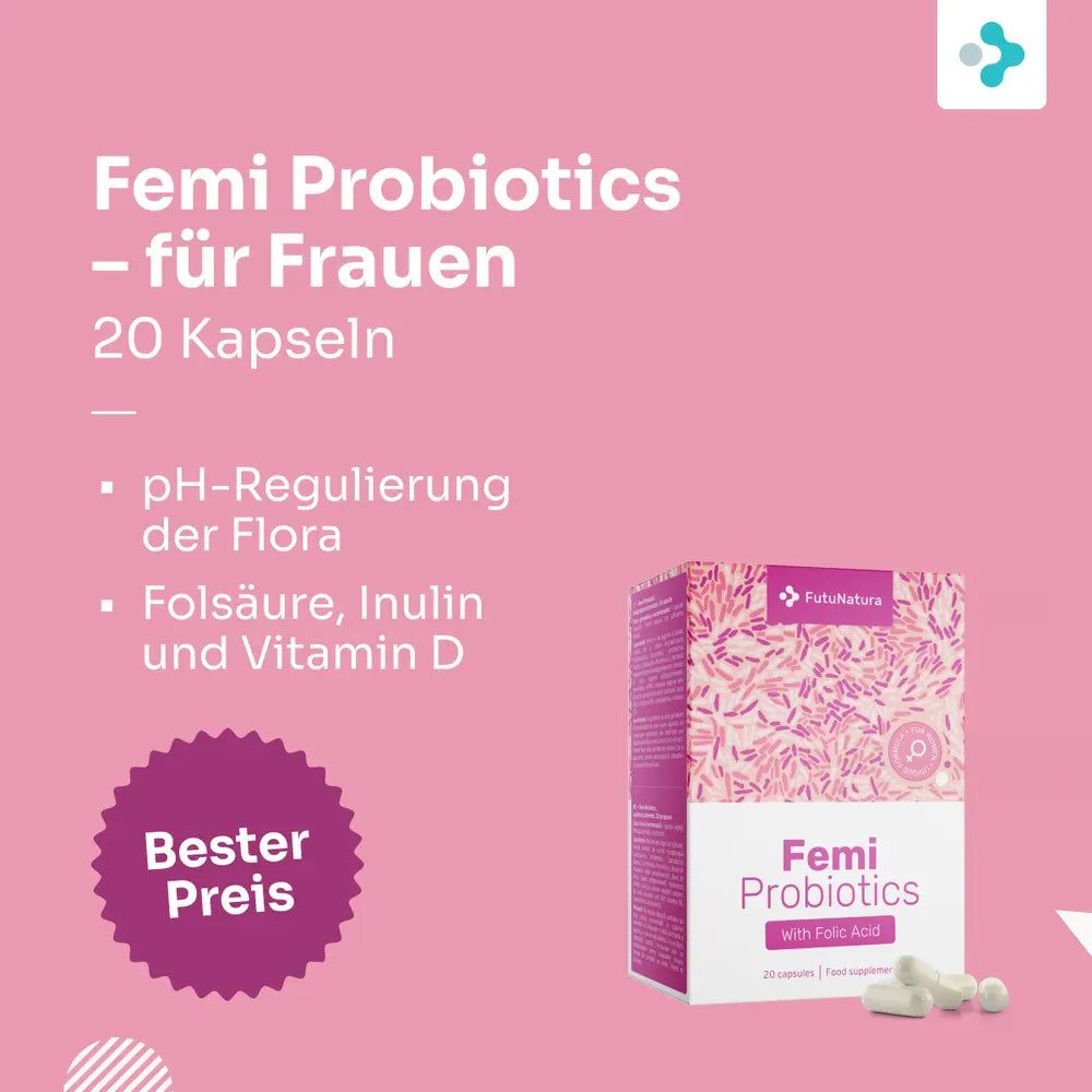 FutuNatura Femi Probiotics Packung und Kapseln. Text: Femi Probiotics - für Frauen. 20 Kapseln. pH-Regulierung der Flora.