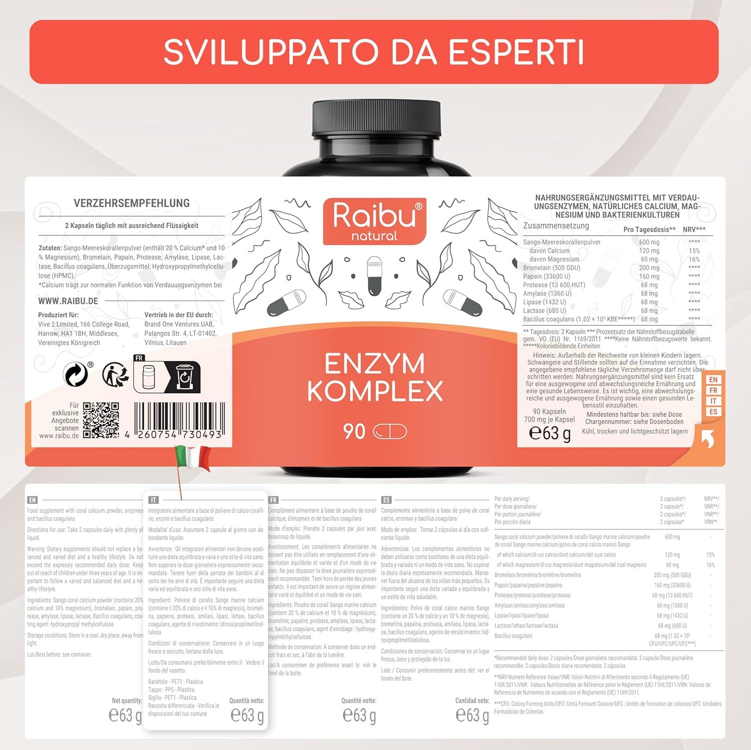 Retro del flacone con etichetta. Testo: ENZYM KOMPLEX, 90 capsule. Marchio: Raibu natural.