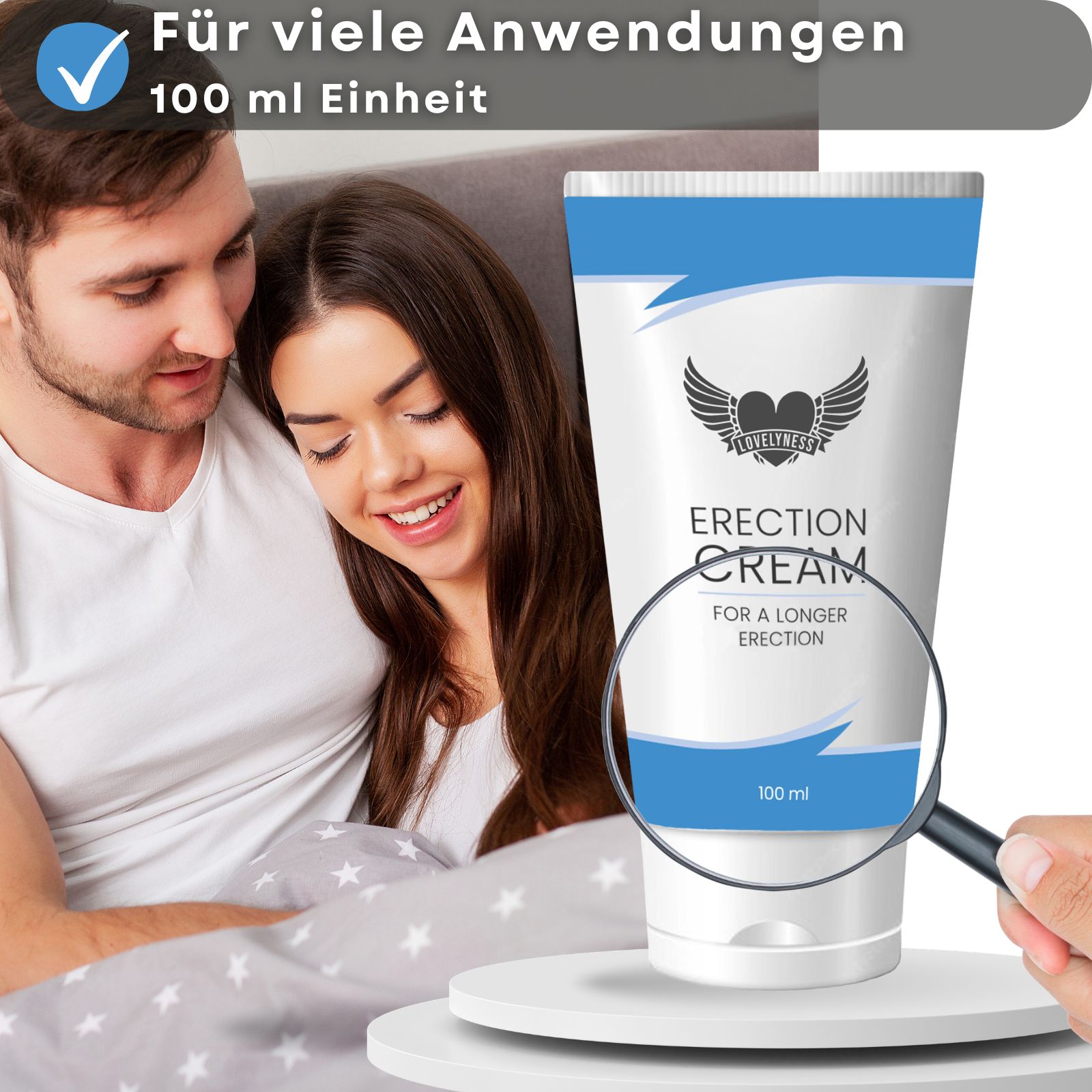 Creme-Tube mit blauer Markierung. Text: Erection Cream. Aufschrift: For a longer erection. Hintergrund: Lupe.