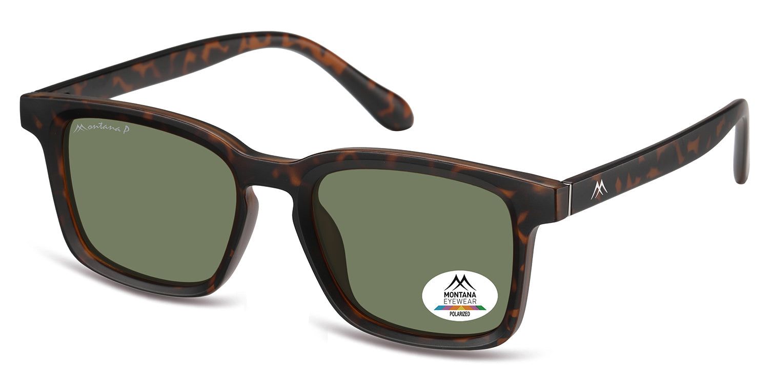 Sonnenbrille mit braunem Rahmen und grünen Gläsern. Montana Eyewear Logo und Polarized-Aufkleber. Rechteckige Form.