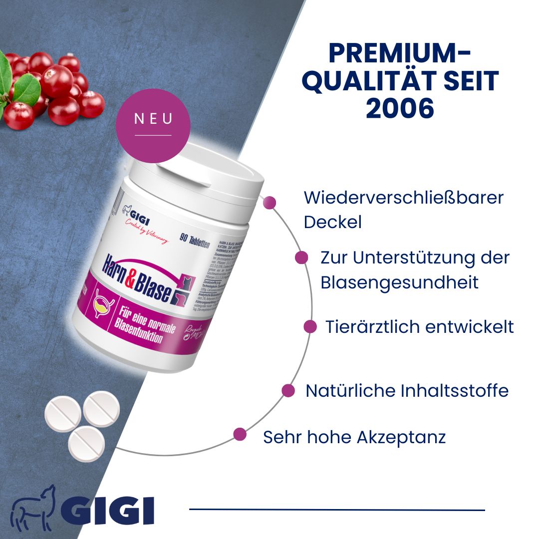 Produktverpackung "Harn & Blase". Wiederverschließbarer Deckel. Unterstützt Blasengesundheit. Tierärztlich entwickelt. GIGI-Logo.