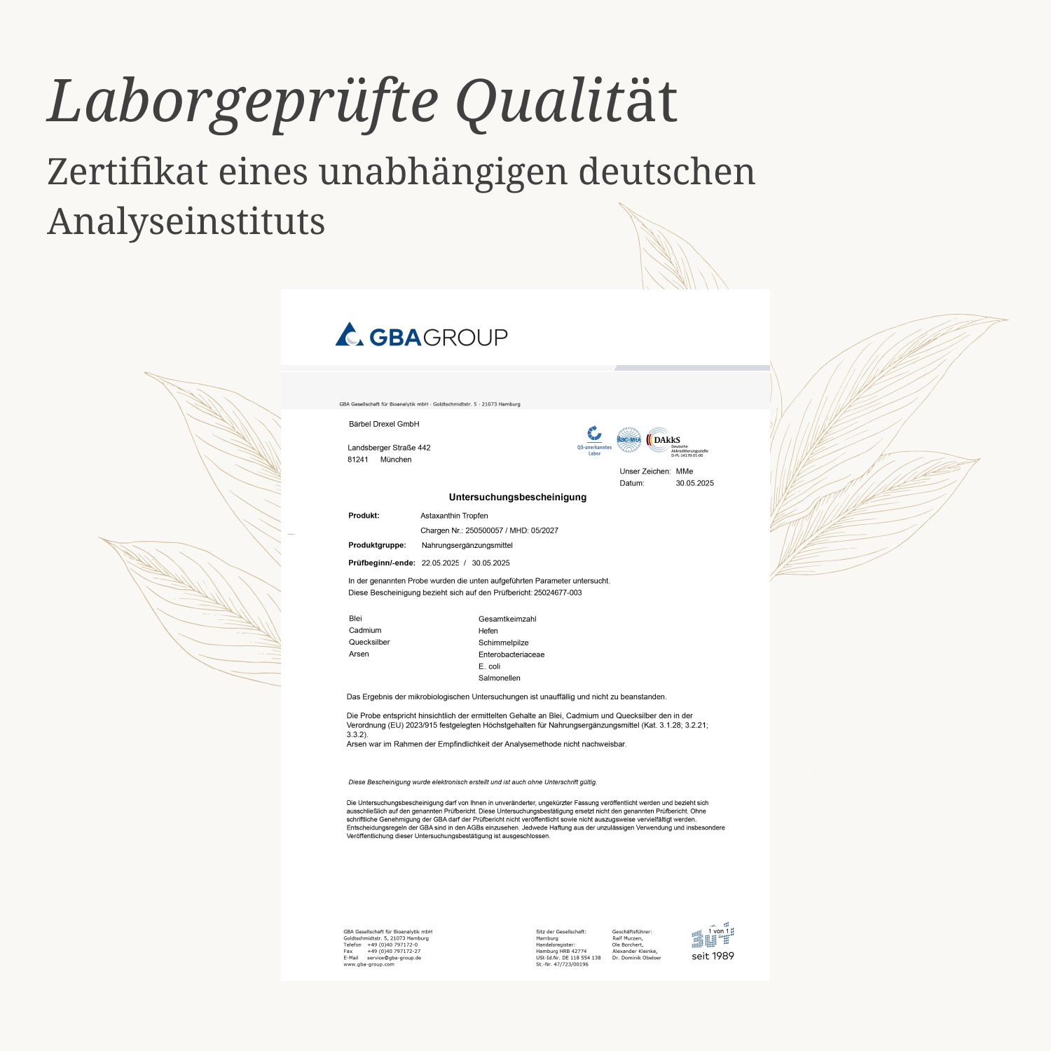 Zertifikat eines Analyseinstituts. Text: Laborgeprüfte Qualität. Logo .GBA GROUP. Details zu Produkt, Charge, Analyseergebnis.