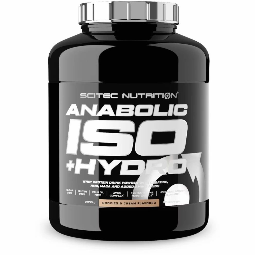 Schwarze Dose Scitec Anabolic Iso+Hydro, Cookies & Cream Flavored. Mit silbernem Deckel. Enthält Informationen zu Inhaltsstoffen und Zertifizierungen.