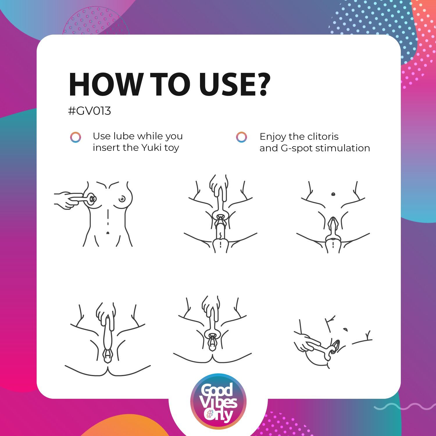 Infographie : illustrations de l'utilisation du produit de bien-être. Instructions d'utilisation avec lubrifiant et stimulation.