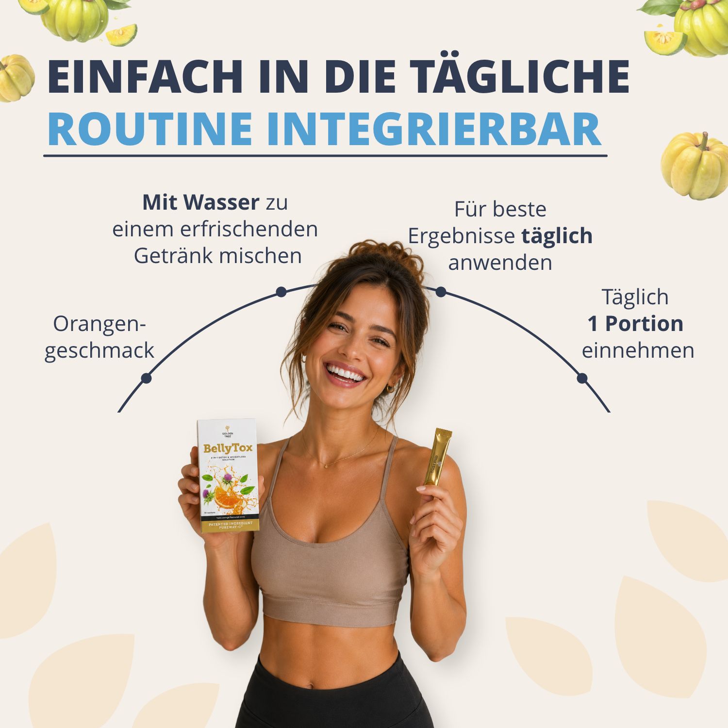Frau hält Golden Tree BellyTox, trinkt es mit Wasser. Orangen Geschmack, tägliche Einnahme.