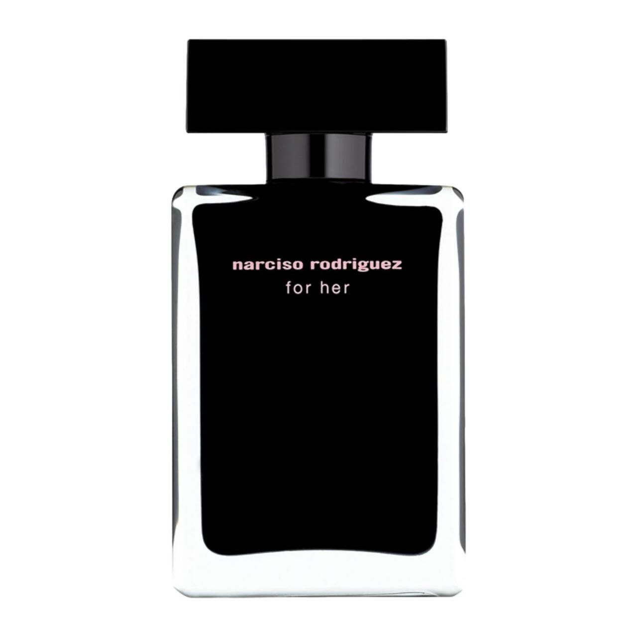 Schwarzer Flakon mit schwarzem Verschluss. Aufschrift: Narciso Rodriguez For Her. Eckige Form.