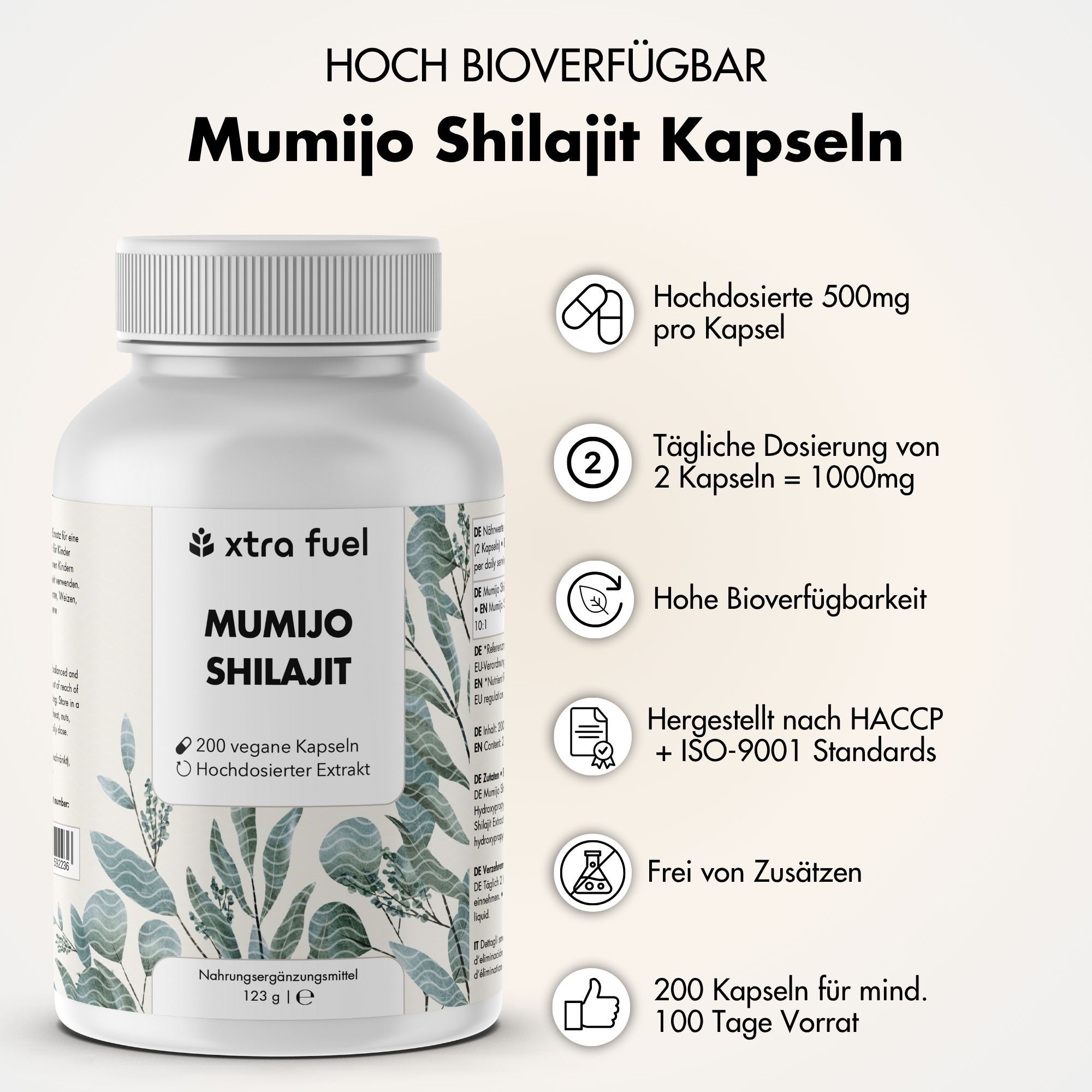 Weißes Pillenfläschchen mit XTRA FUEL Mumijo Shilajit Kapseln. Text: 200 Kapseln. Hochdosierter Extrakt. Details und Icons.