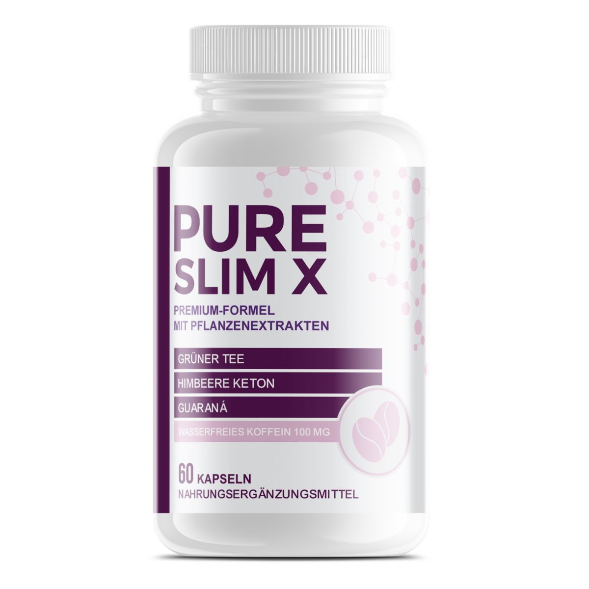 Weiße Flasche mit lila Etikett. Aufschrift: Pure Slim X, Premium-Formel, Inhaltsstoffe. 60 Kapseln. Nahrungsergänzungsmittel.