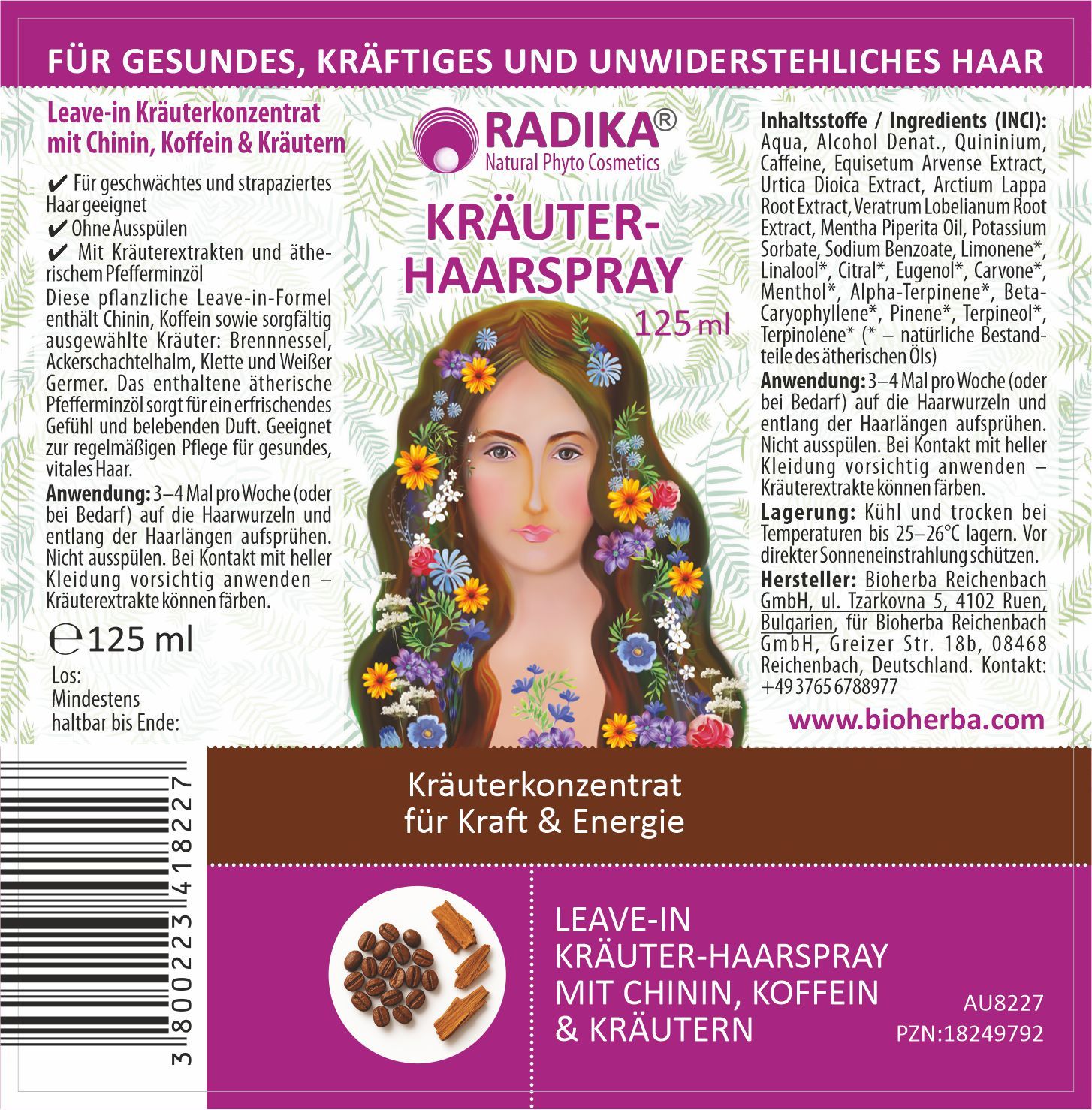 Detailansicht der Produktetikette. Text: Kräuter-Haarspray, 125 ml. Enthält Chinin, Koffein & Kräutern. Mit Frauengesicht und Blumen.