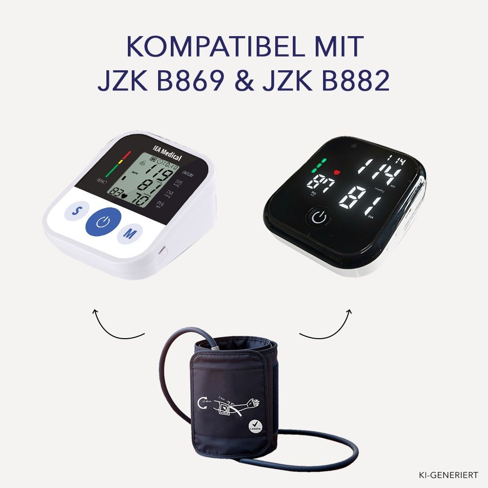 Zwei Blutdruckmessgeräte, kompatibel mit einer dunkelblauen Manschette.