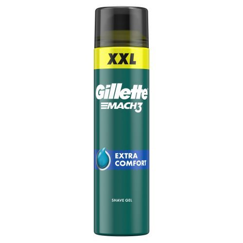 Grüne Rasiergel-Dose mit schwarzem Deckel. Gelb-weiße Schriftzüge: XXL, Gillette Mach3, Extra Comfort. Blaue Träne.