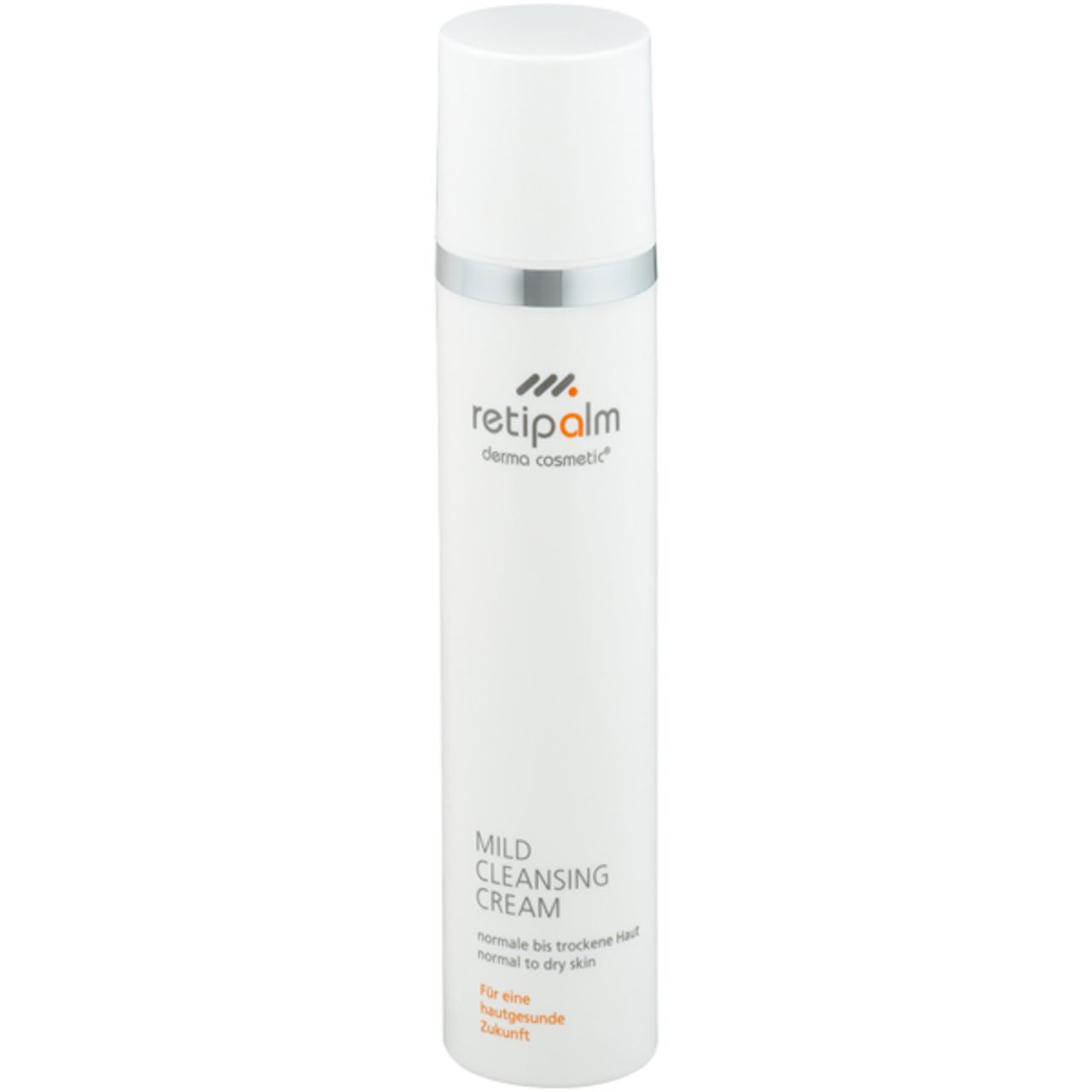 Weiße Flasche mit silbernem Ring und Deckel. Aufschrift: retipalm, Mild Cleansing Cream. Für normale bis trockene Haut.
