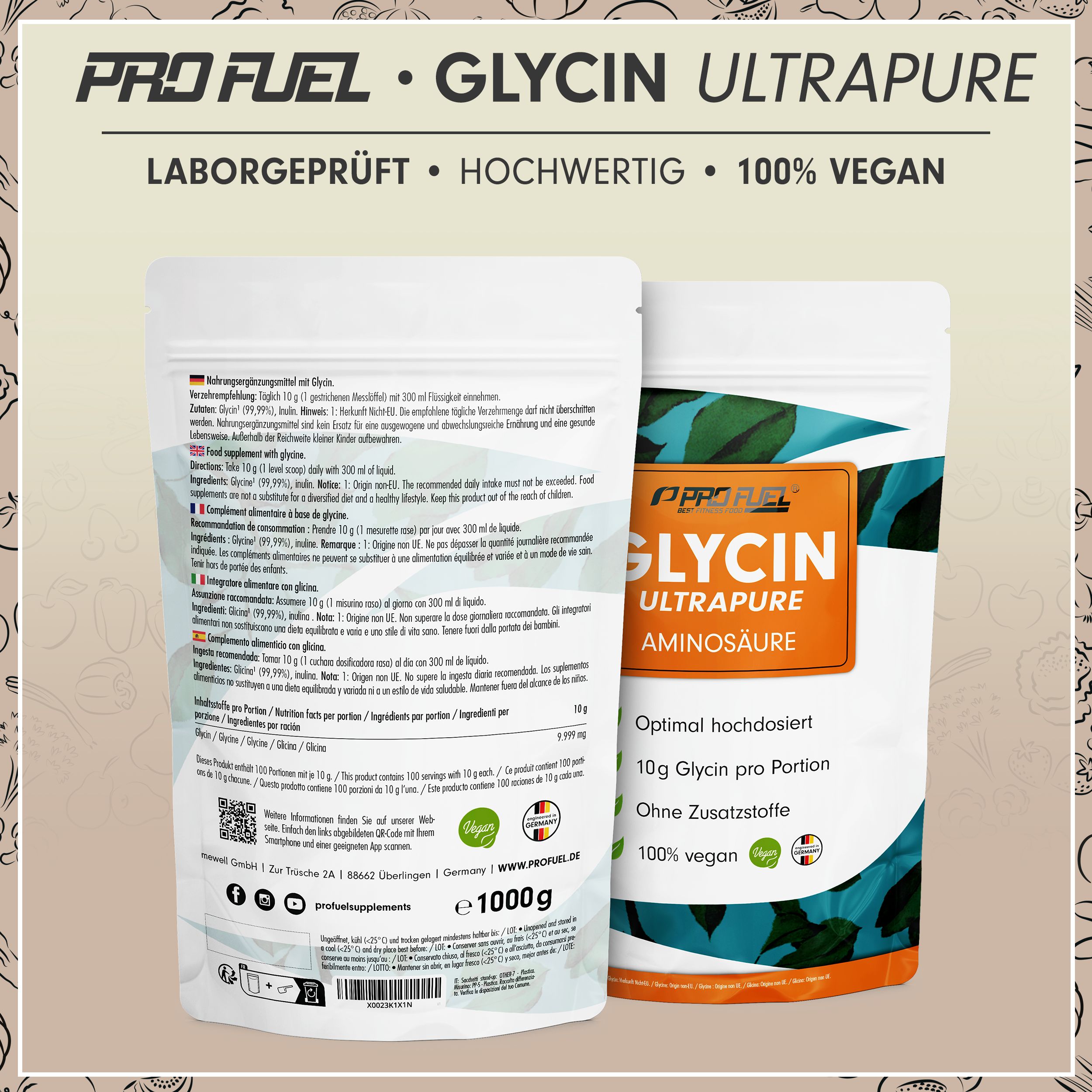 Pro Fuel Glycin Ultrapure Pulver, 1000g Vorratspackung. Laborgeprüft, 100% vegan, ohne Zusatzstoffe.