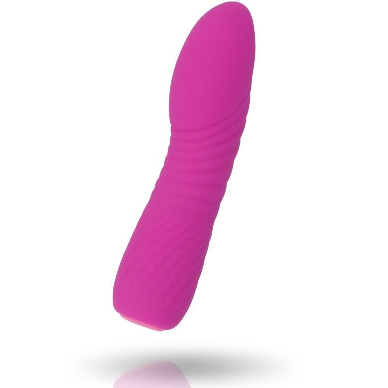 Rosa Vibrator mit geriffelter Oberfläche und strukturiertem Griffbereich. Konisch zulaufende Form.