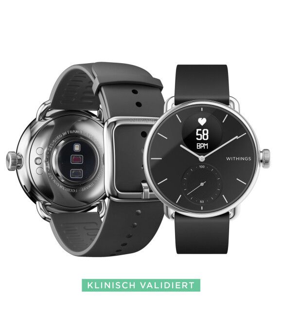 Smartwatch mit schwarzem Zifferblatt und silbernem Gehäuse. Rückseite mit Sensoren. Klinisch validiert.