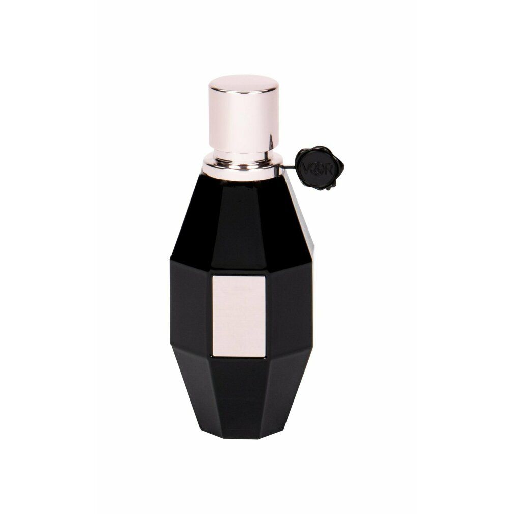 Schwarzer Flakon mit rosafarbenem Verschluss. Viktor & Rolf Flowerbomb Midnight. Schwarze Kappe mit Logo.