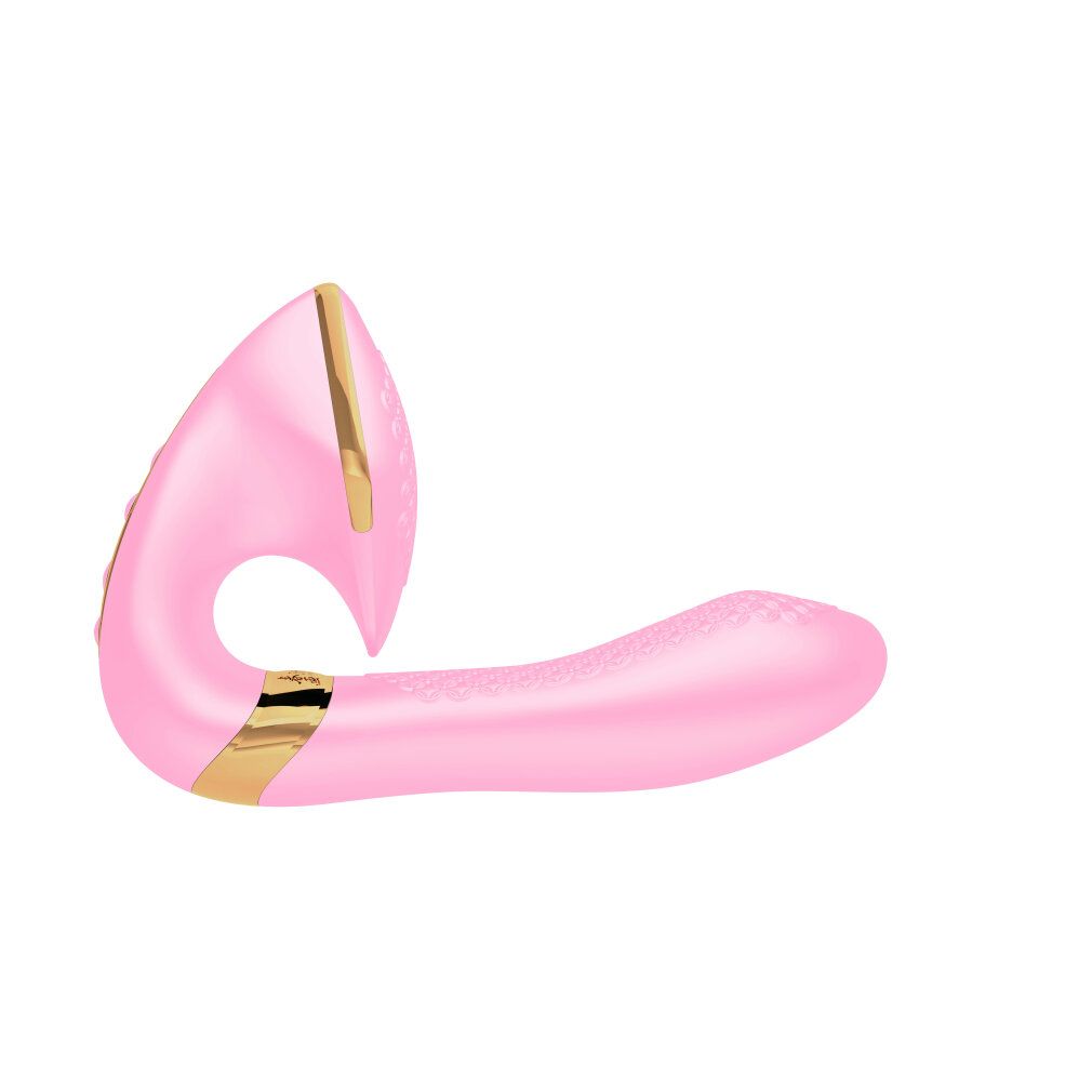 Rosa Vibrator mit goldfarbenen Akzenten. Geschwungene Form mit strukturierten Bereichen.