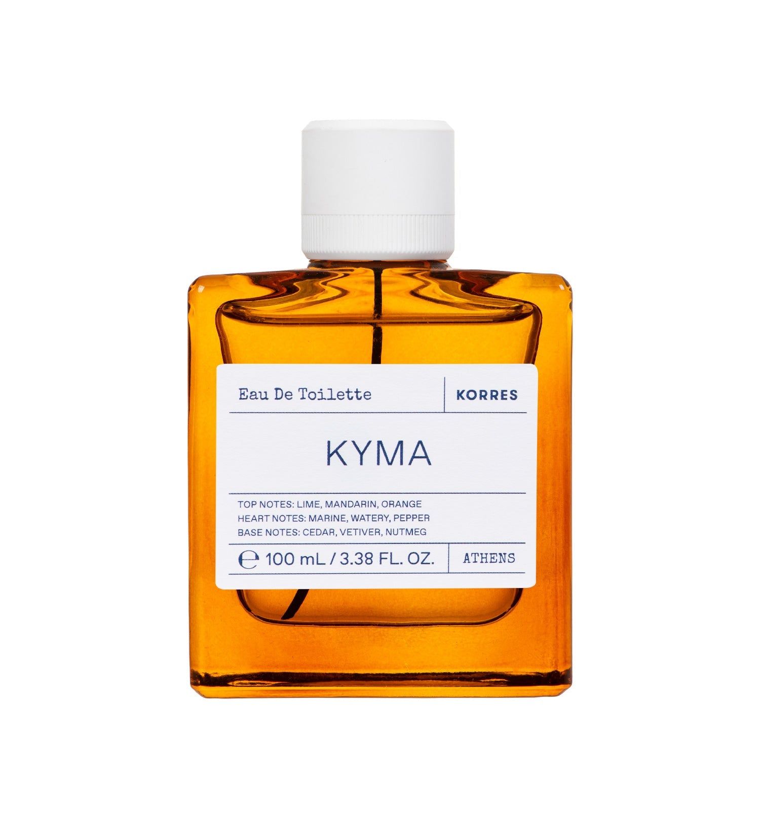 KORRES Kyma Eau de Toilette Flakon. Eckiger Flakon mit weißem Deckel. Orangefarbene Flüssigkeit. Produktinformationen auf dem Etikett.