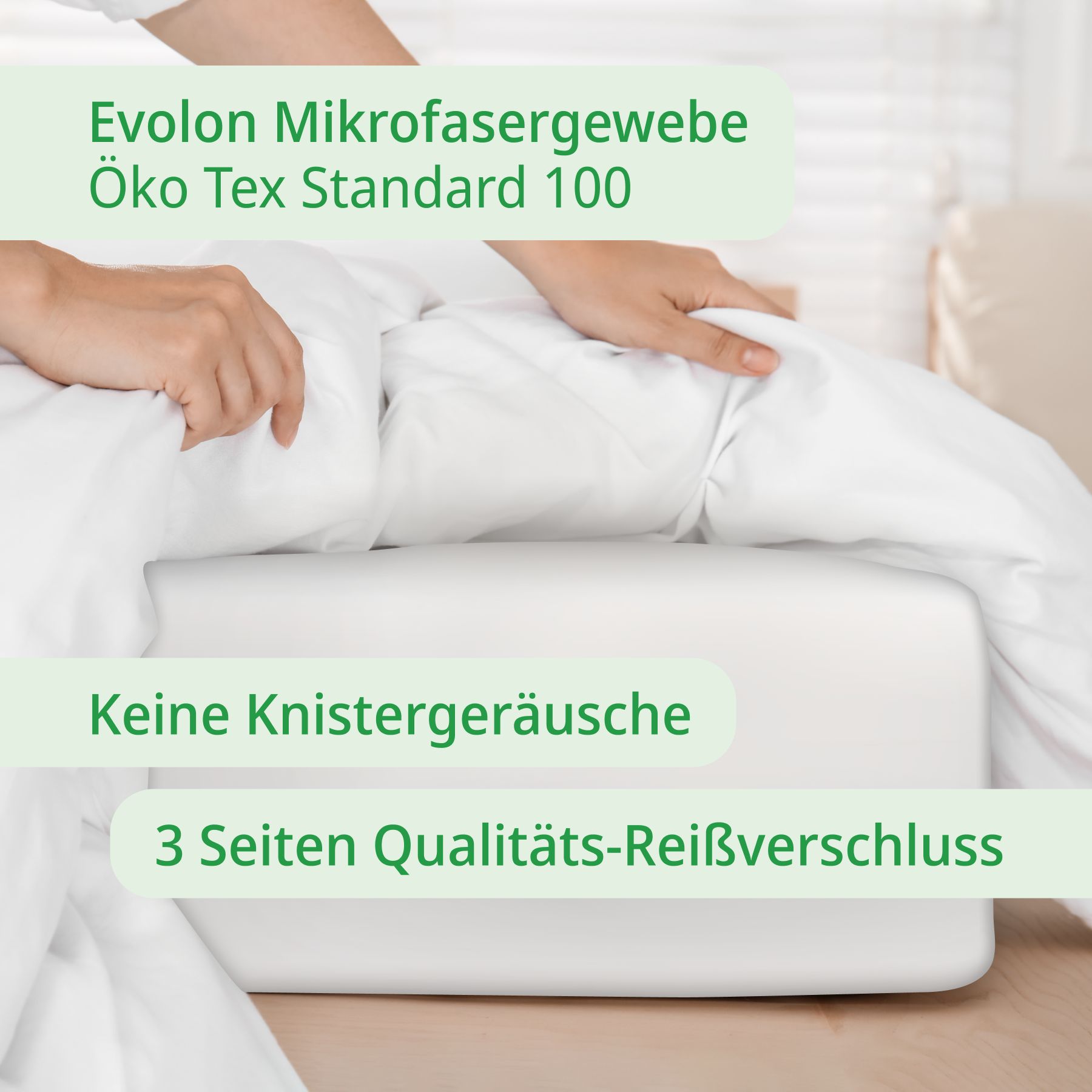 Matratzenbezug. Text: Evolon Mikrofaser, Öko Tex Standard 100, Keine Knistergeräusche, 3 Seiten Qualitäts-Reißverschluss.