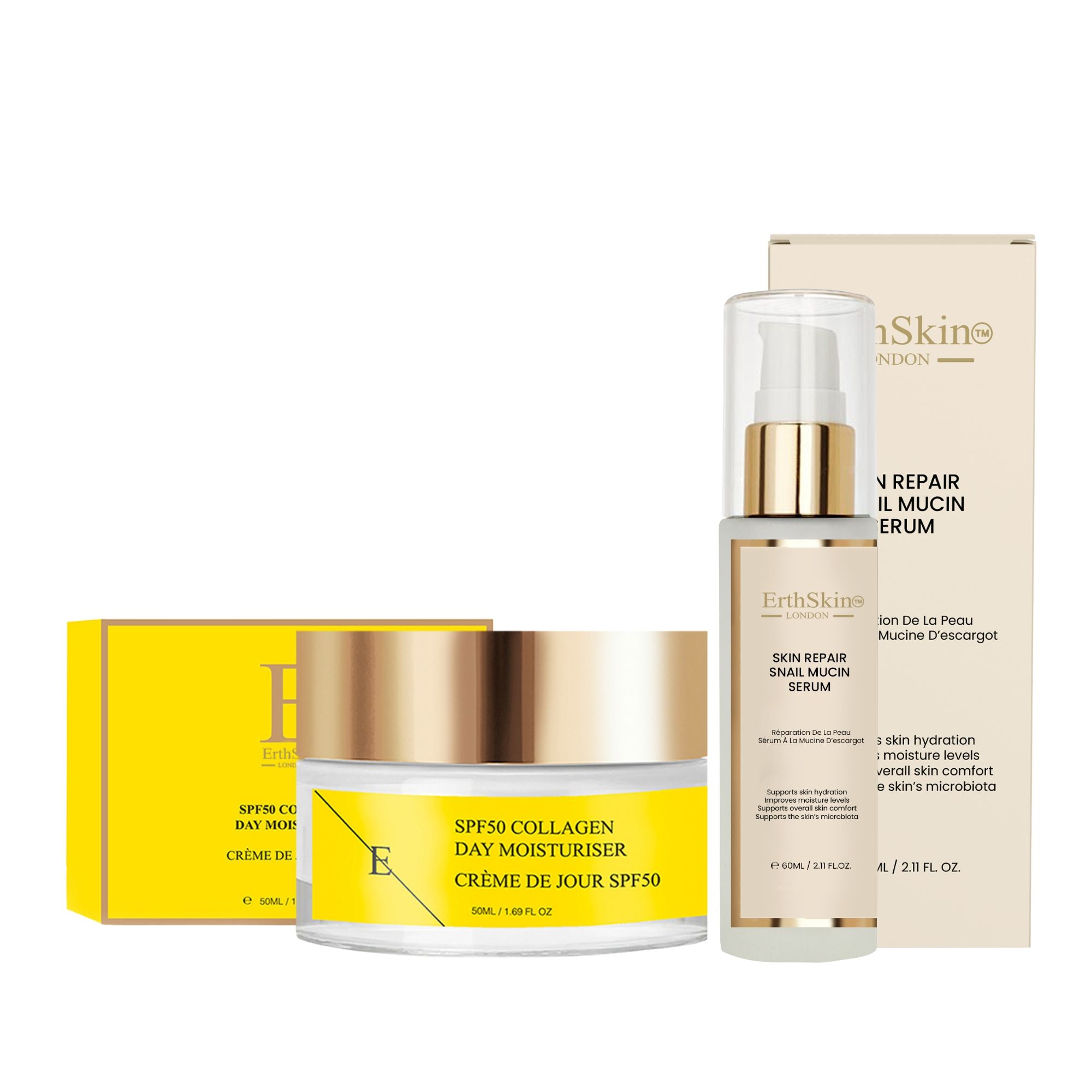 ErthSkin London Hautregenerierendes Schneckenserum + Kollagen-Tagescreme mit LSF 50 110 ml