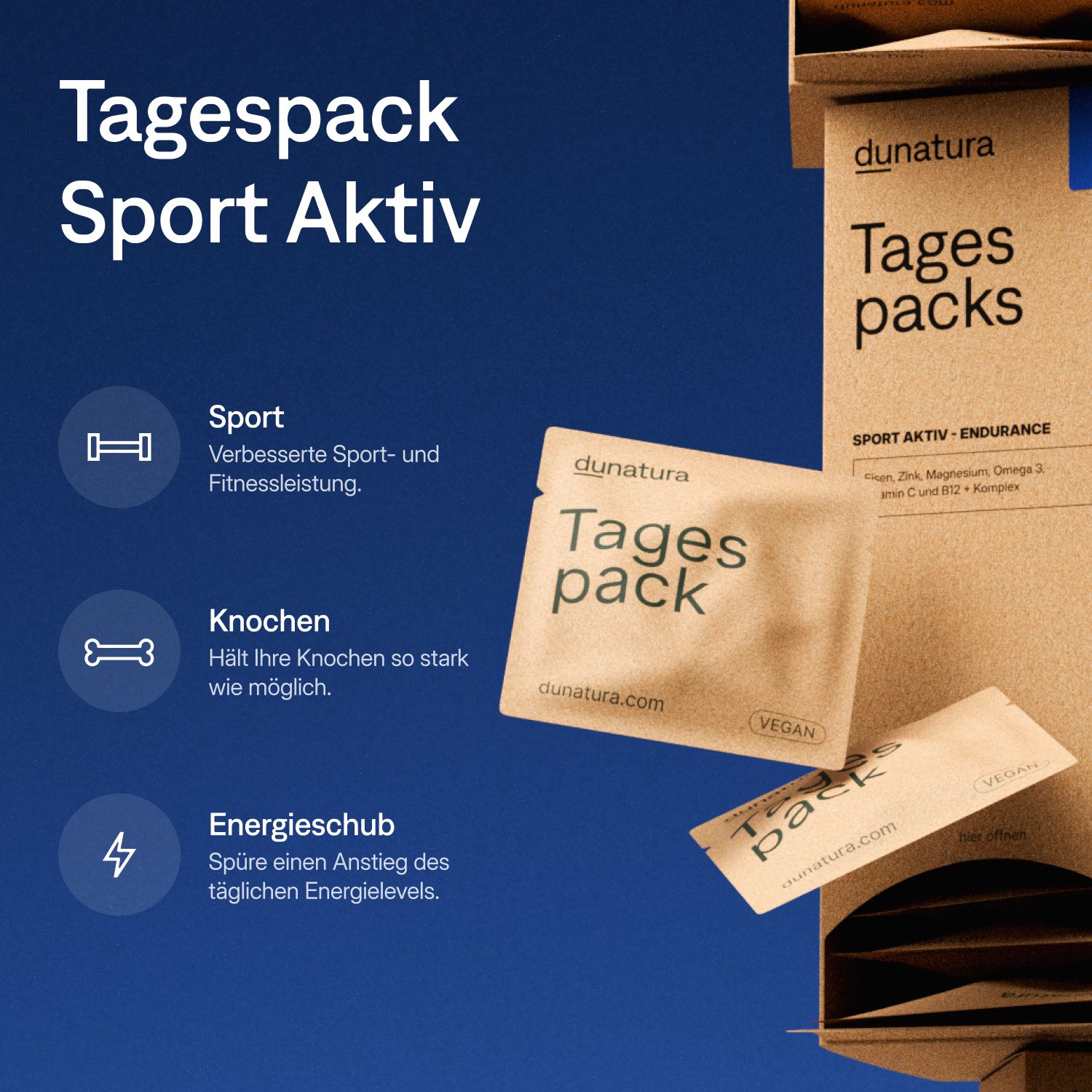 Produktverpackung 'dunatura Tagespack Sport Aktiv'. Einzelne Beutel und Box. Text: Sport, Knochen, Energieschub. Vegan.