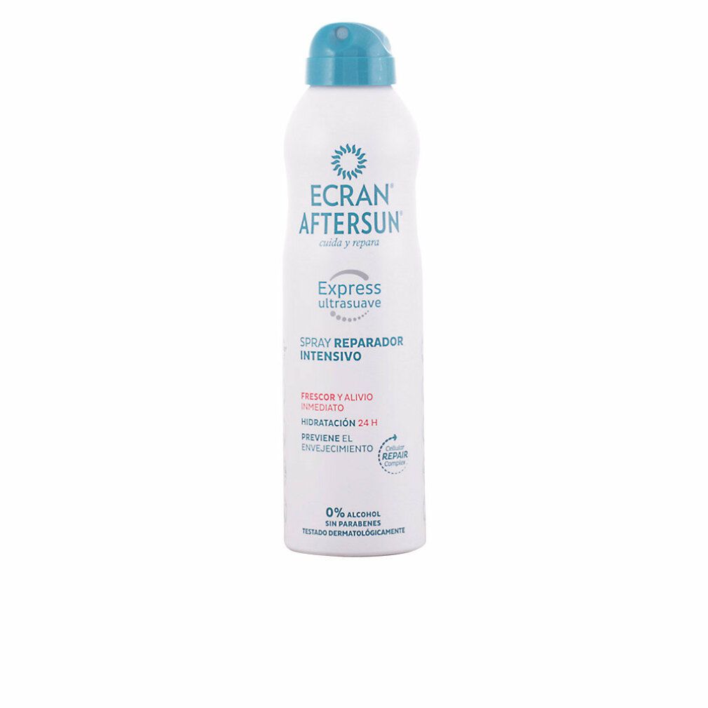 Weißes Spray mit blauem Sprühkopf. Aufschrift: ECRAN AFTERSUN, Express ultrasuave, Spray Reparador Intensivo. 0% Alkohol, ohne Parabene.
