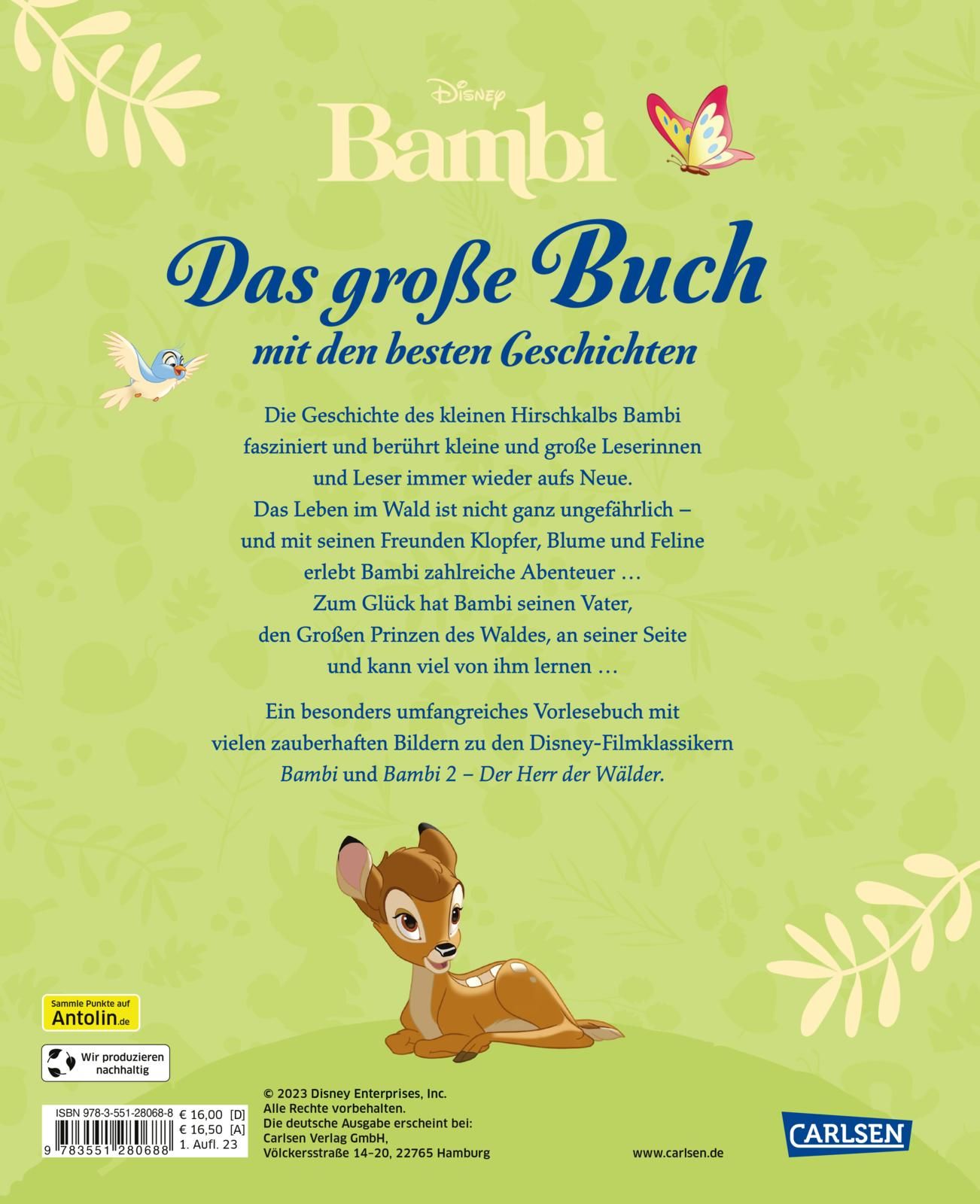 Rückseite des Bambi-Buches. Titel: Das große Buch mit den besten Geschichten. Text und Bambi-Illustration. Verlag Carlsen. ISBN-Code.