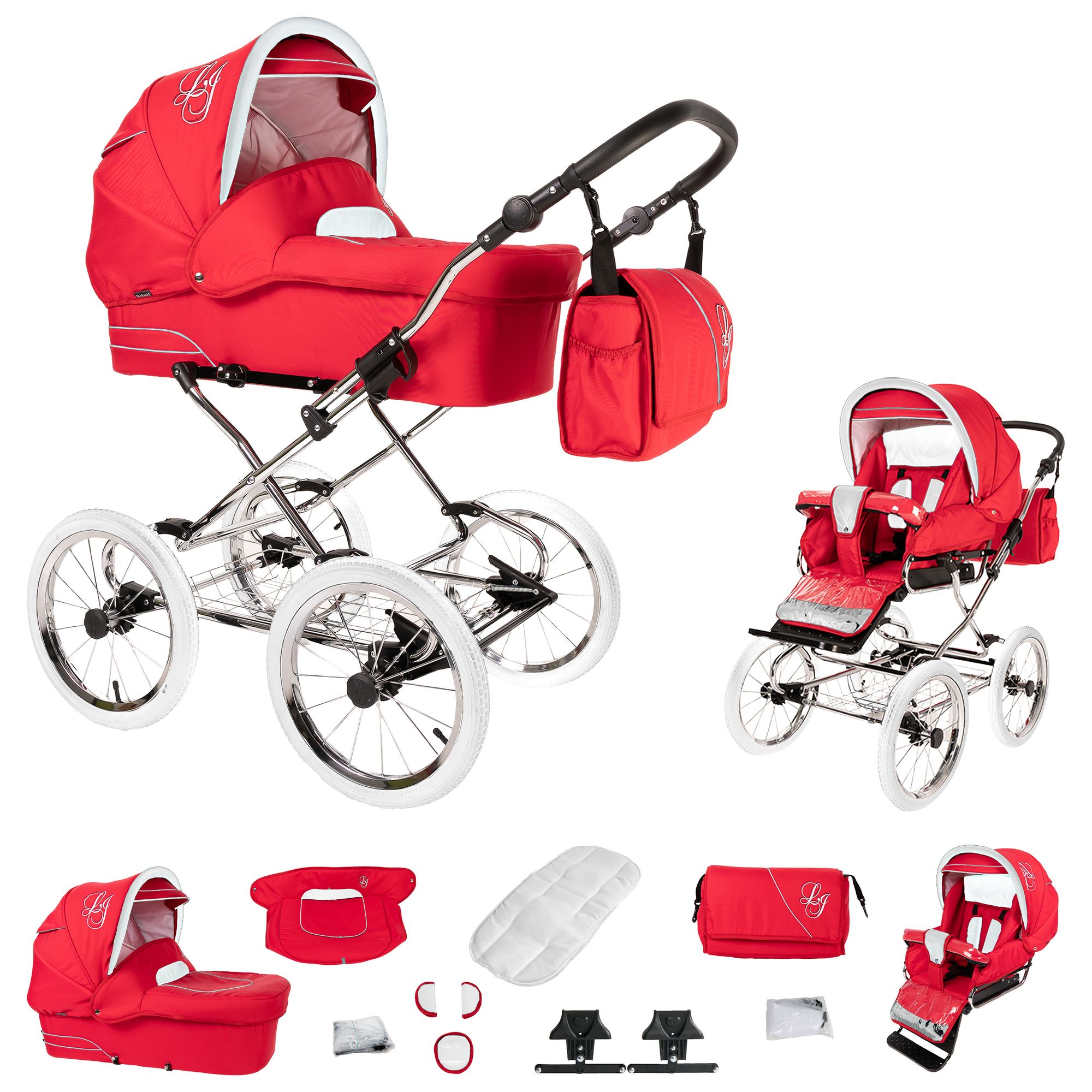 Roter Kinderwagen mit weißem Gestell und Rädern. Enthält eine Tragetasche, eine Tasche und Zubehör. Logo auf der Tasche.
