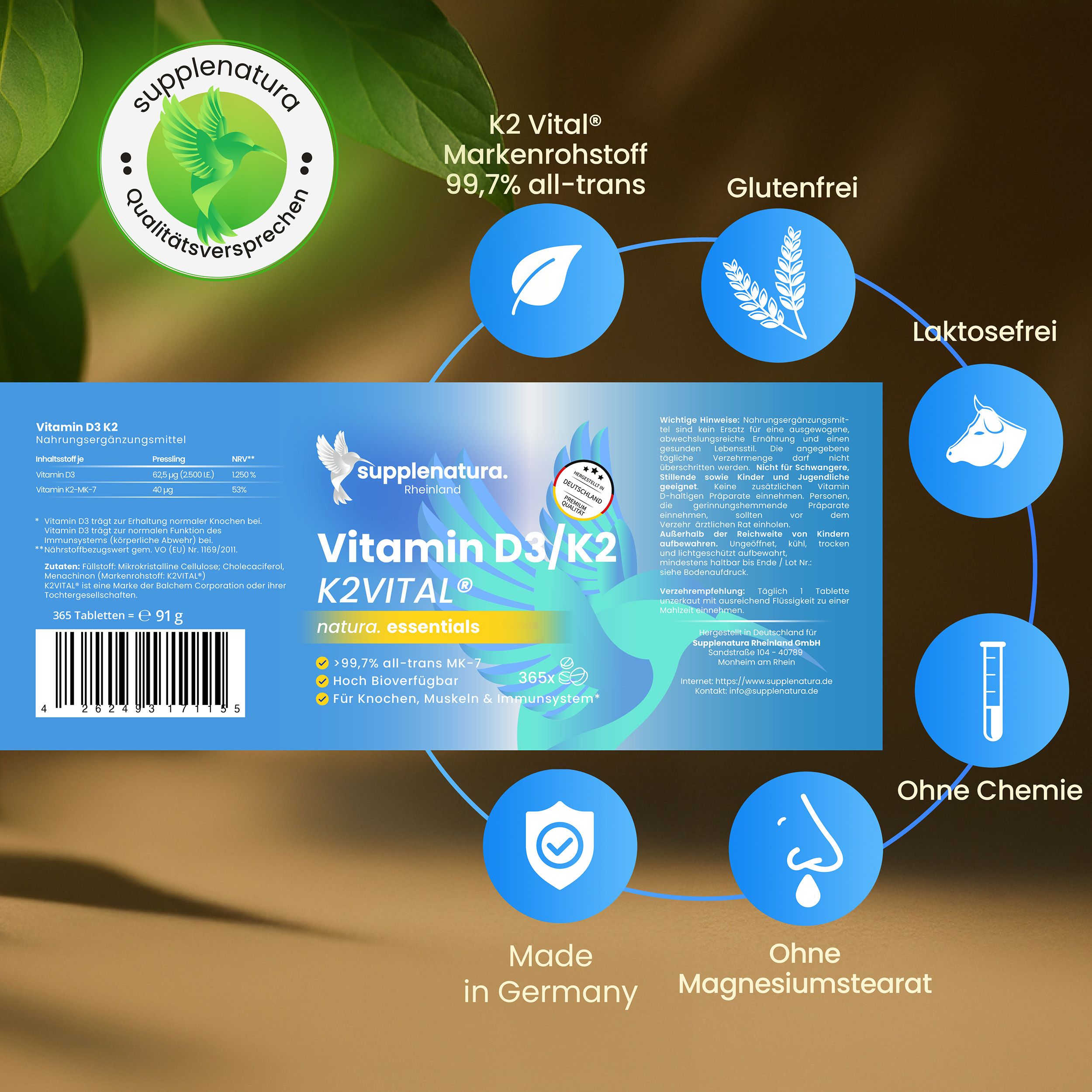 supplenatura® - Vitamin D3 K2 hochdosiert - Premium K2VITAL® - 2.500 IE Vitamin D3- Jahresvorrat