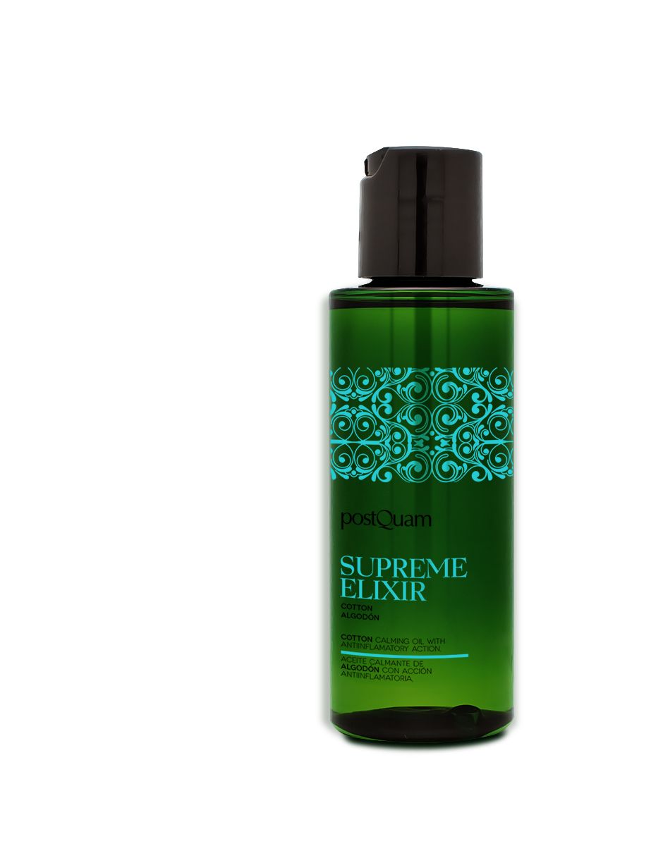 Grüne Flasche mit schwarzem Deckel. Aufschrift 'Supreme Elixir' und 'Cotton'.