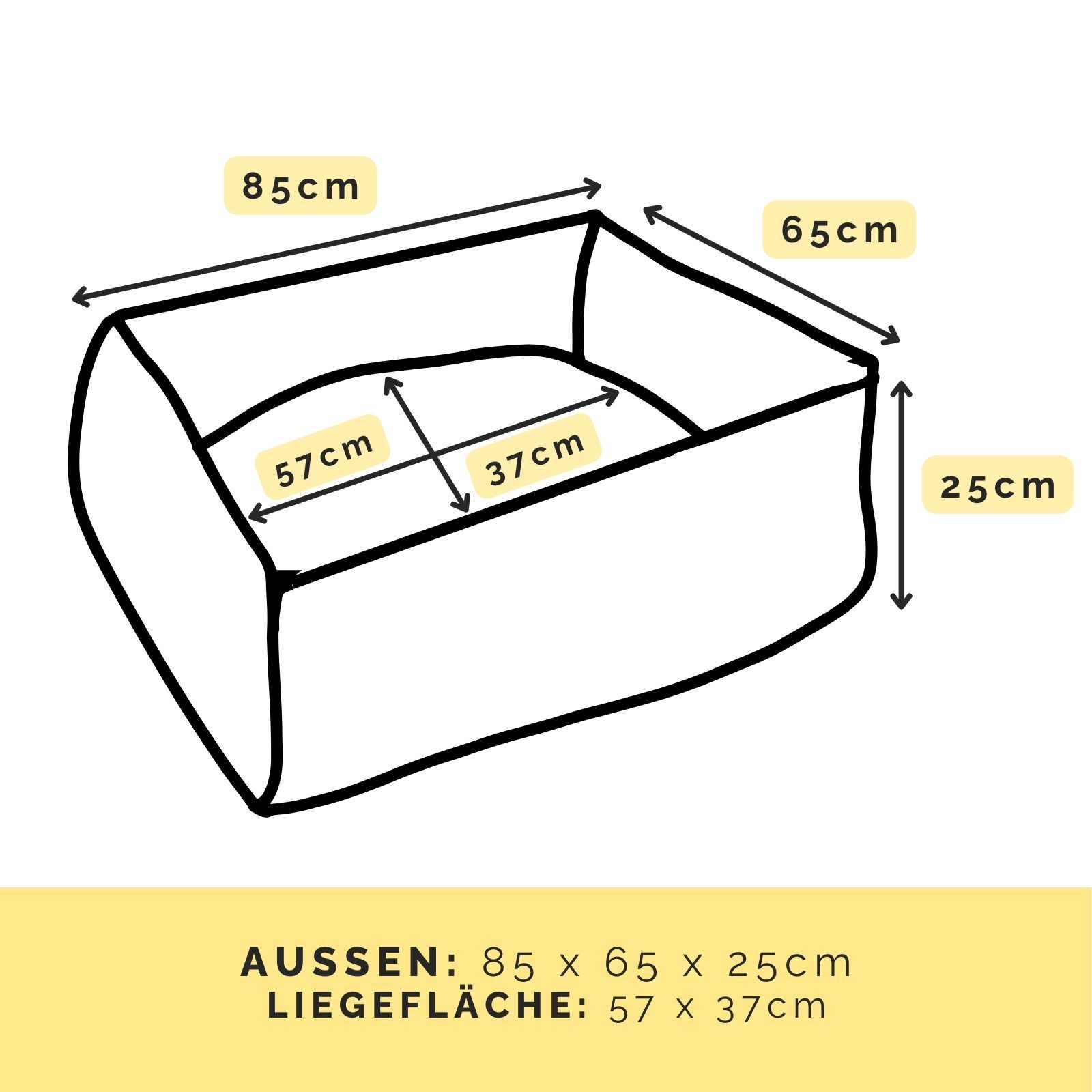 Skizze des Hundebetts mit Maßen: Außen 85x65x25cm, Liegefläche 57x37cm. Rechteckige Form.