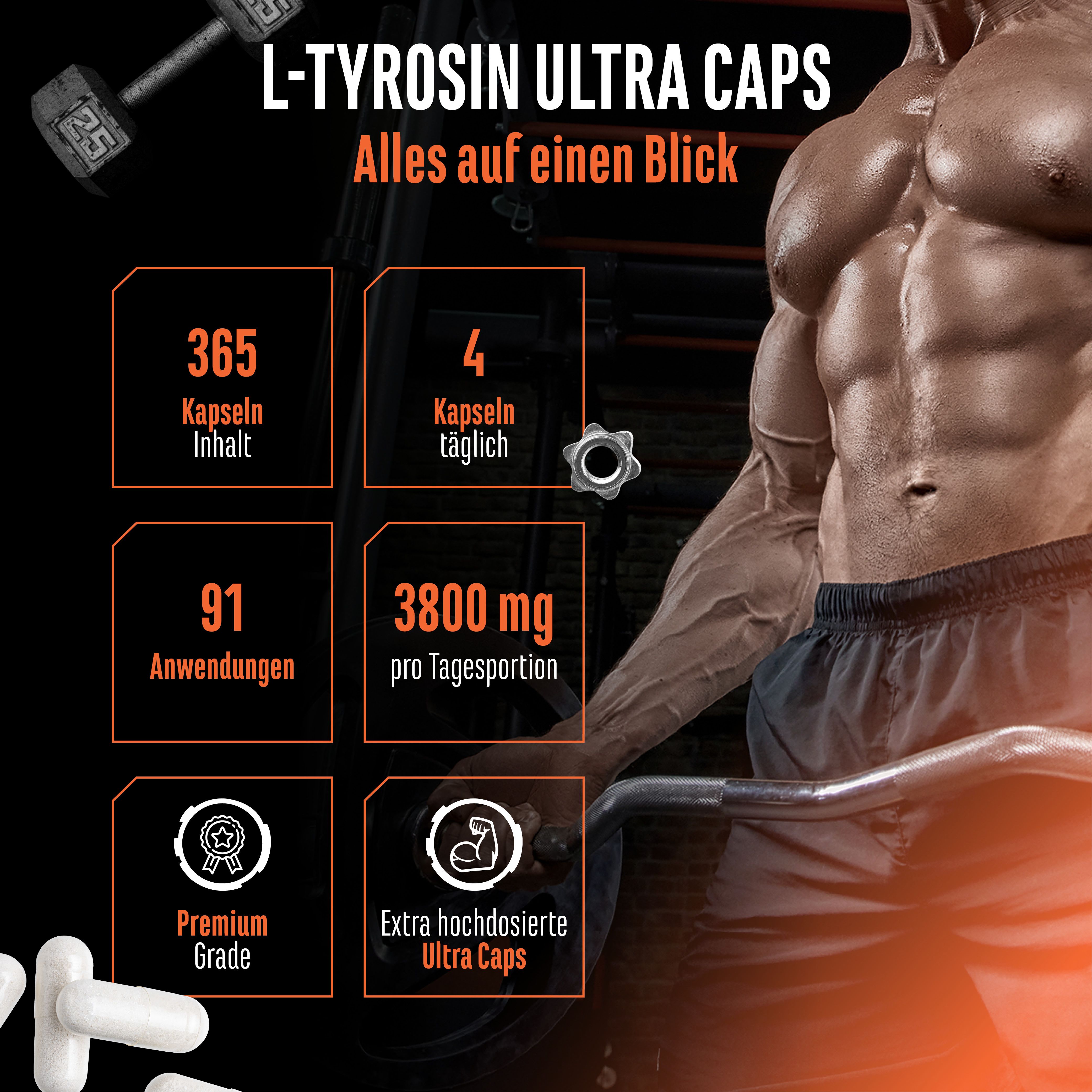 Infografik zu L-Tyrosin Ultra Caps. Enthält Informationen zu Kapselanzahl, Anwendungen und Dosierung. Athlet im Hintergrund.