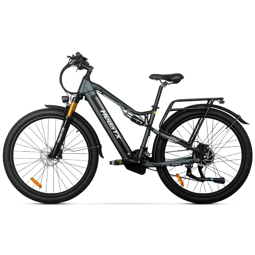 Graues E-Bike HedaTX TX19. Schwarze Reifen, Gepäckträger, Federung. Gelbe Gabel. 27 Gänge. Aufschrift HedaTX.