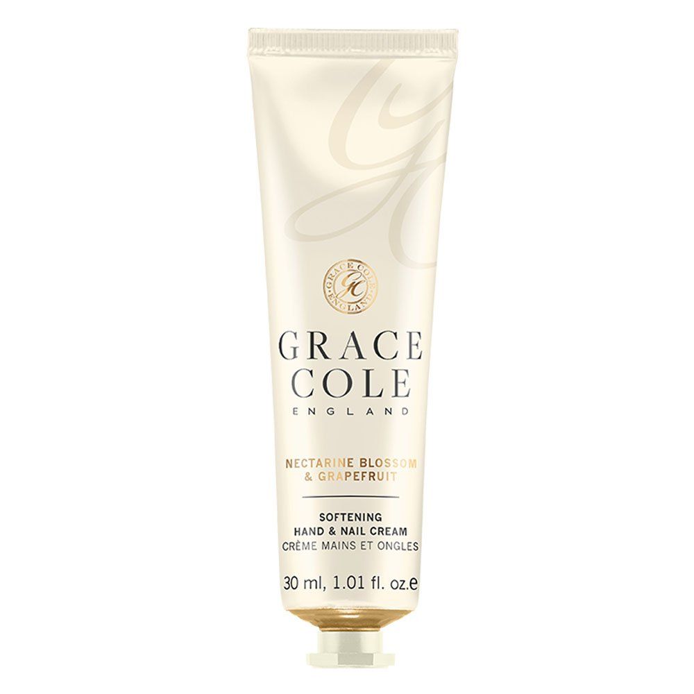 Creme-Tube. Aufschrift: GRACE COLE ENGLAND, NECTARINE BLOSSOM & GRAPEFRUIT, SOFTENING HAND & NAIL CREAM. Volumen: 30 ml.