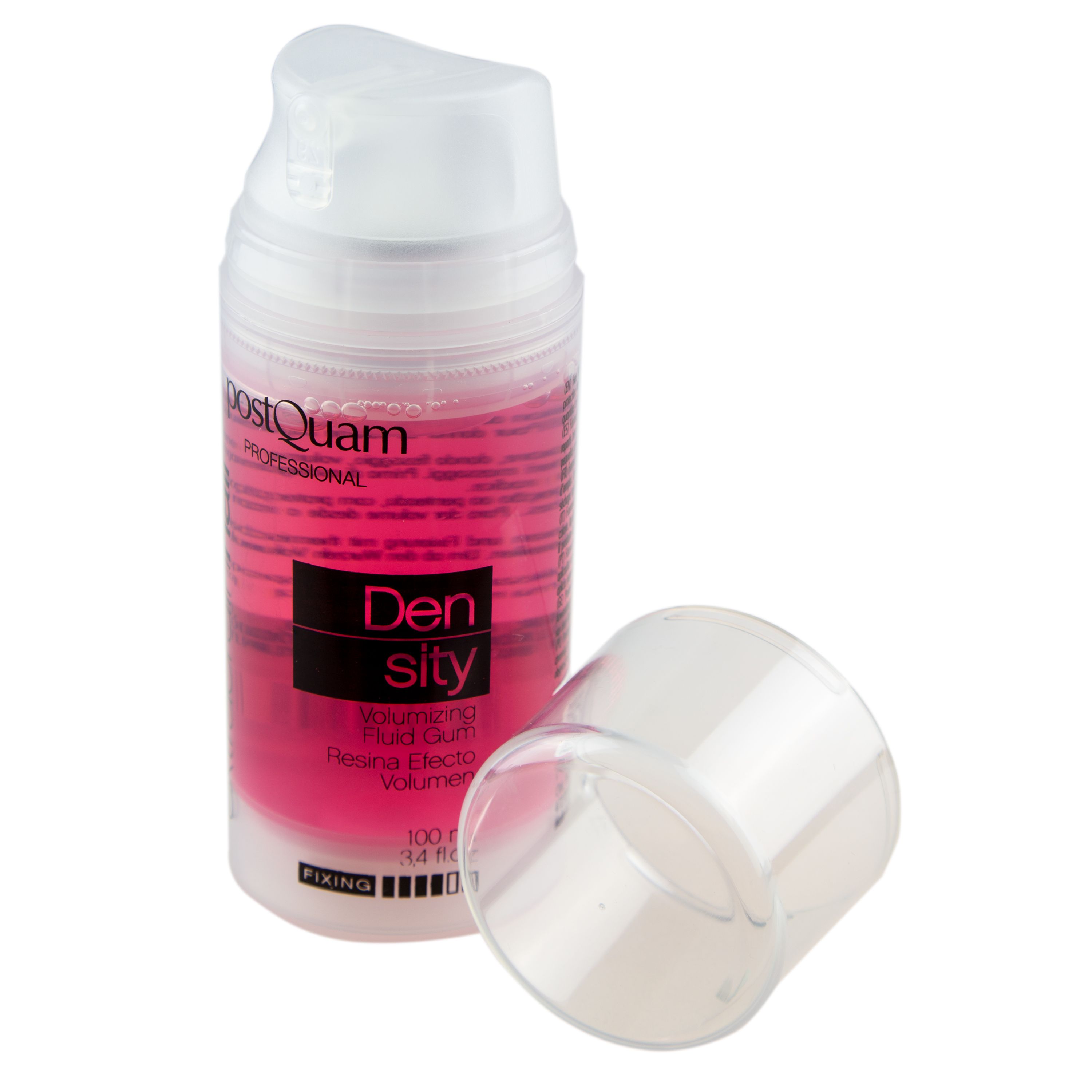 Zylindrische Flasche mit rosa Flüssigkeit. Aufschrift: Postquam, Extraordinhair, Density. Mit abgenommenem Deckel.