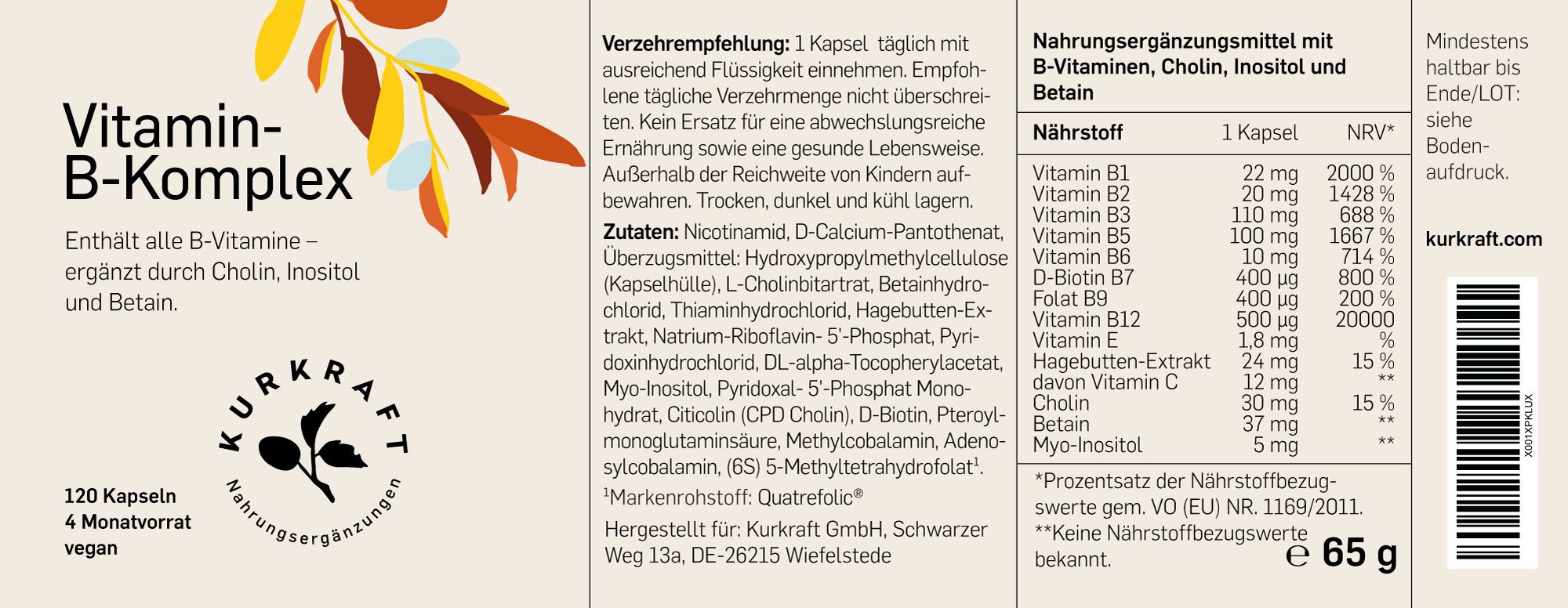Etikett auf weißem Hintergrund. Text: Vitamin B-Komplex. Enthält alle B-Vitamine. 120 Kapseln, 4 Monatsvorrat, vegan. Nährwertangaben.