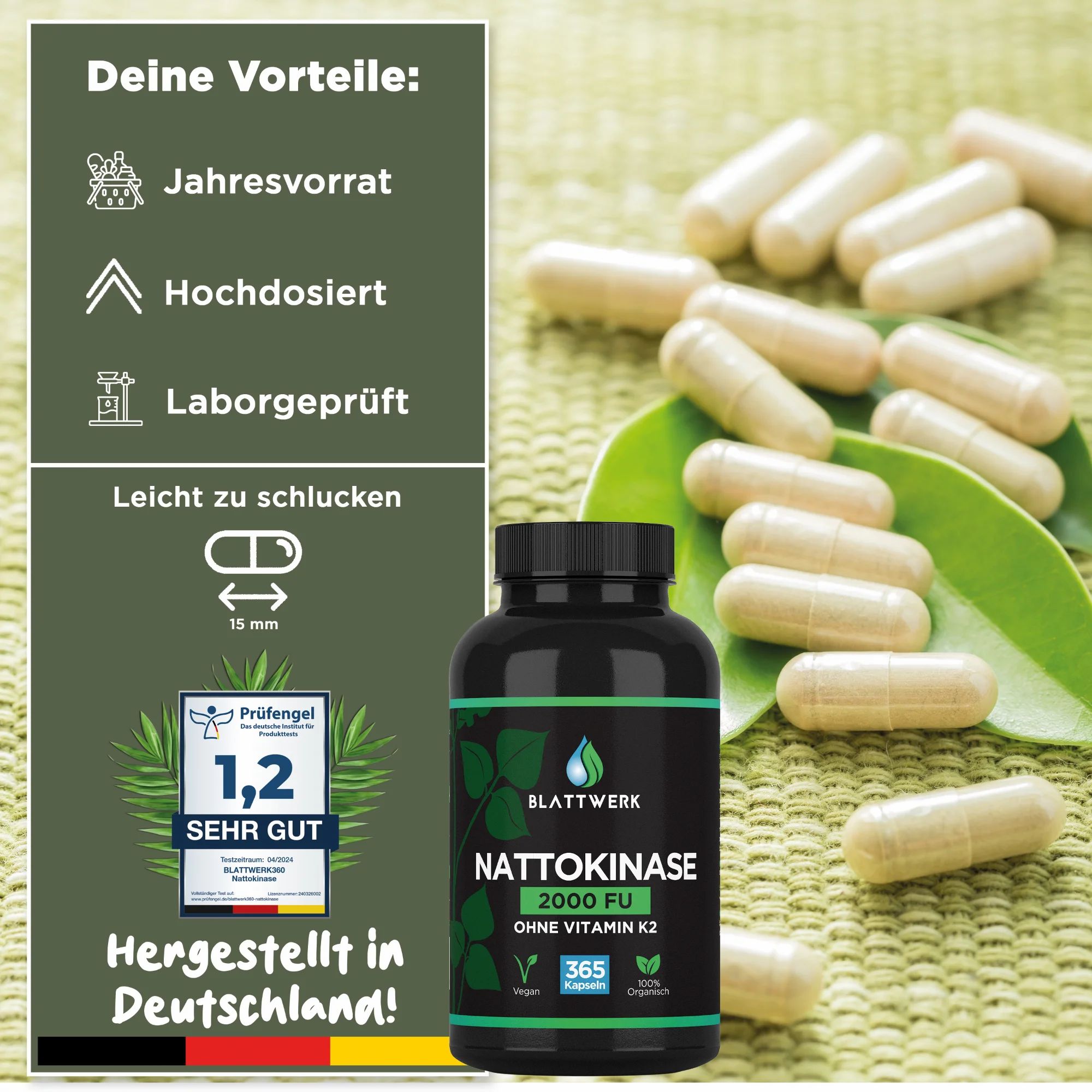 Nattokinase 2000 FU - JAHRESVORRAT - 365 Kapseln je 100mg (20.000 FU/g) - Deutsche Marke - BLATTWERK