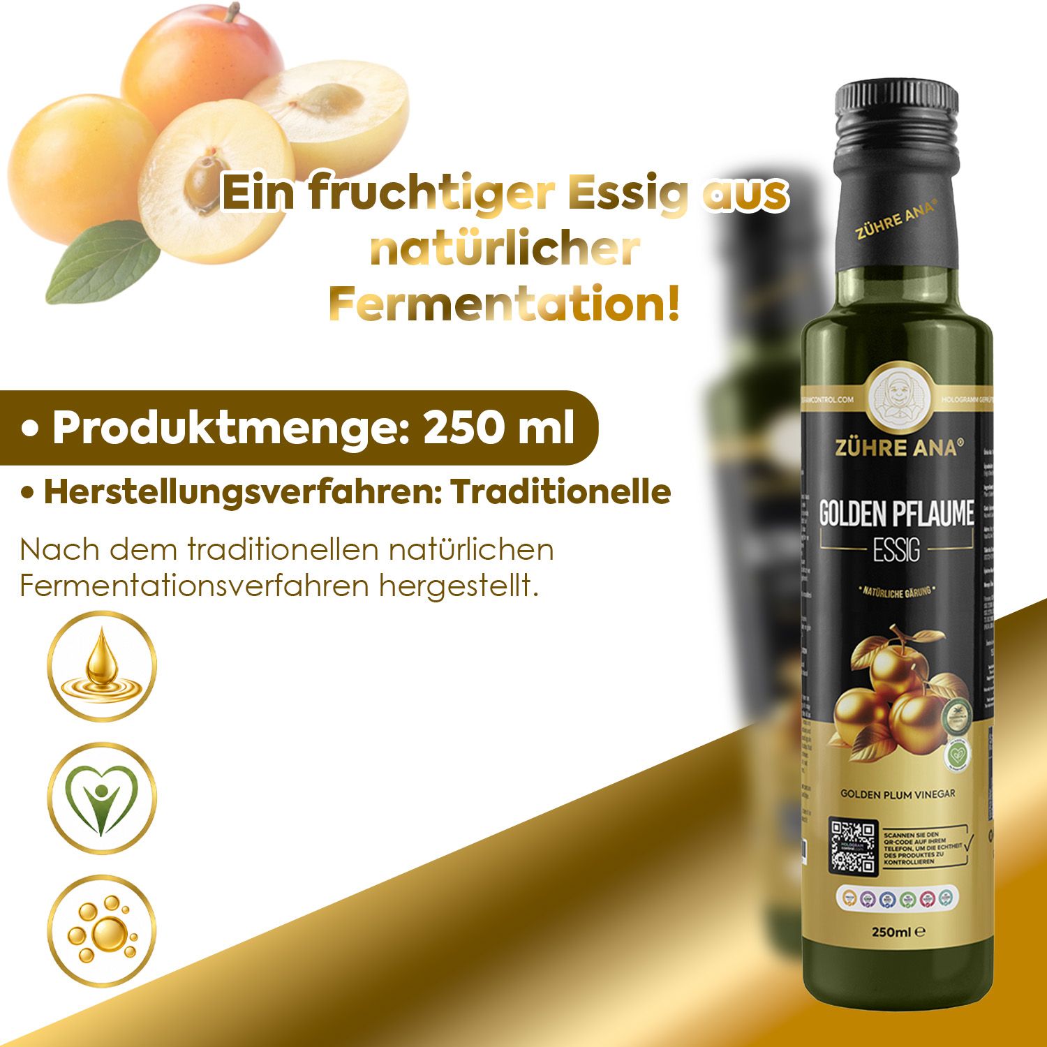 Flasche Zühre Ana Goldener Pflaumenessig mit Abbildung von goldenen Pflaumen und Text.