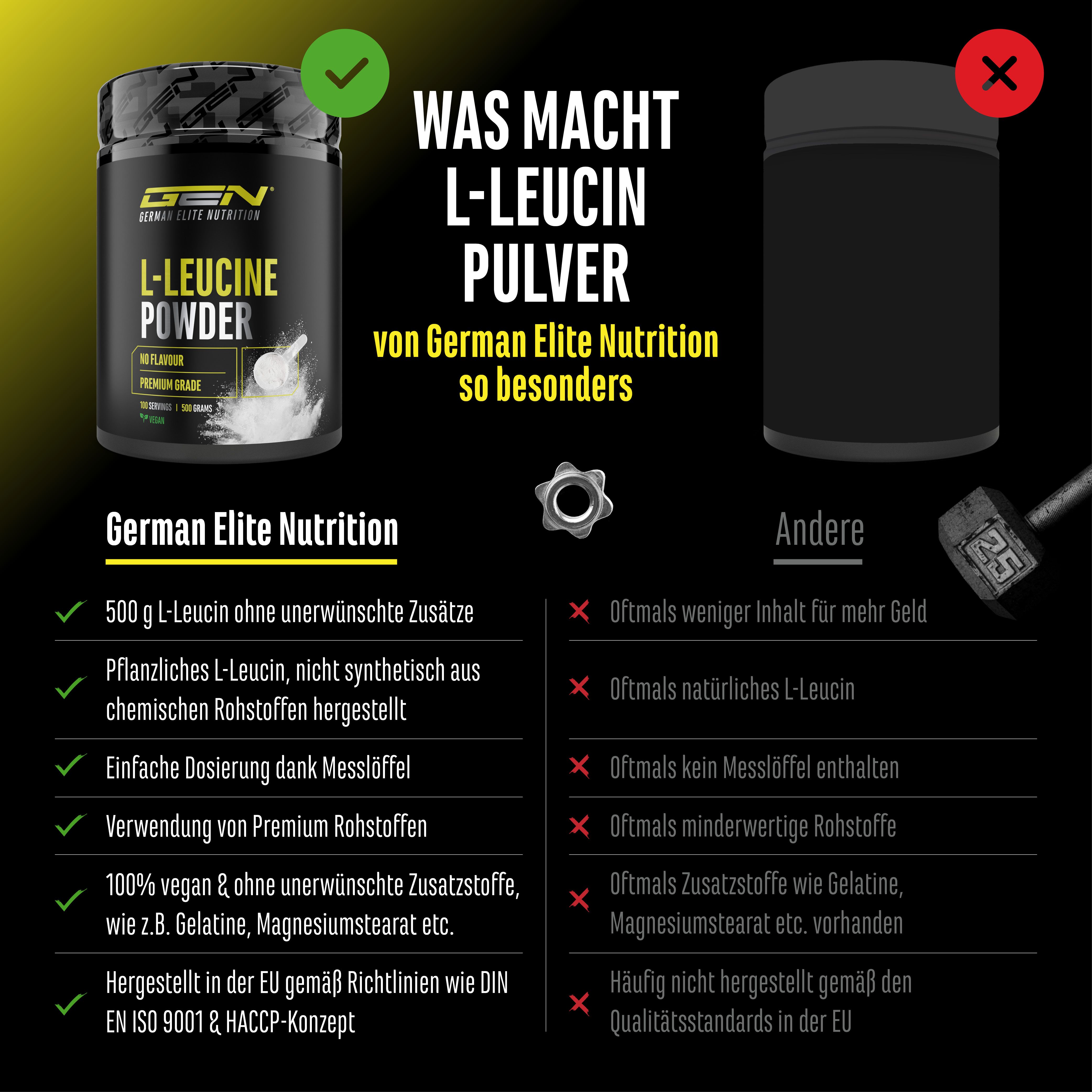 Vergleich von GEN L-Leucin Pulver mit einem anderen Produkt. Vorteile: 500 g, pflanzlich, einfache Dosierung, Premium Rohstoffe.