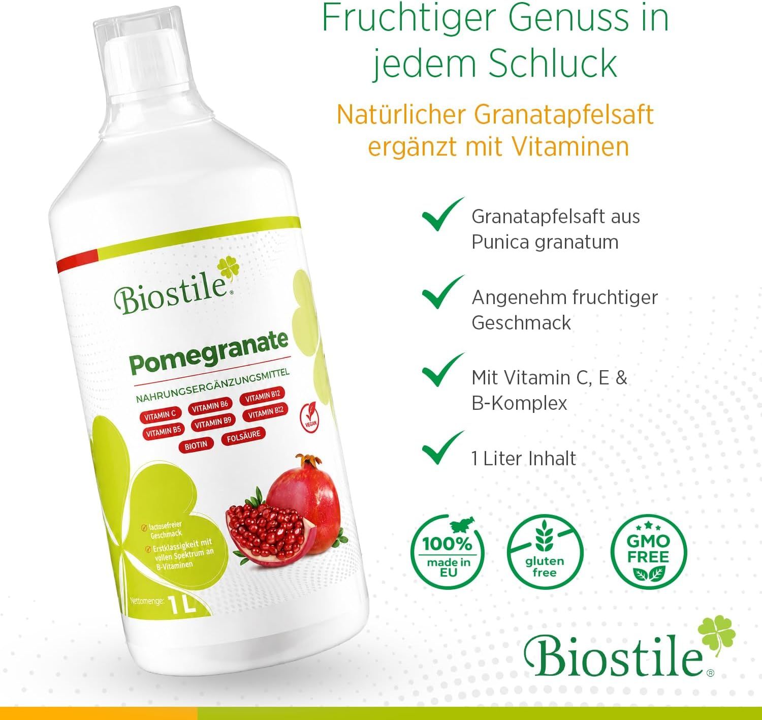 Biostile Pomegranate Nahrungsergänzungsmittel, 1 Liter Flasche mit Granatapfel und Vitaminen.