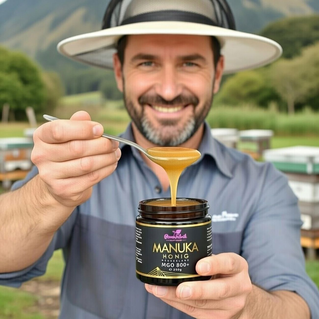 Mann hält ein Glas Manuka Honig und einen Löffel. Aufschrift: PowerFabrik Manuka Honig, MGO 800+.