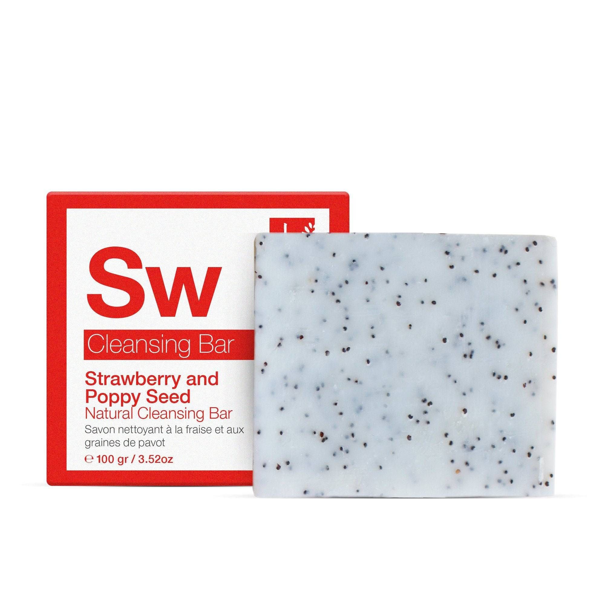 Rote Verpackung und Seife. Seife: quadratisch, mit schwarzen Samen. Verpackung: 'Sw Cleansing Bar'.