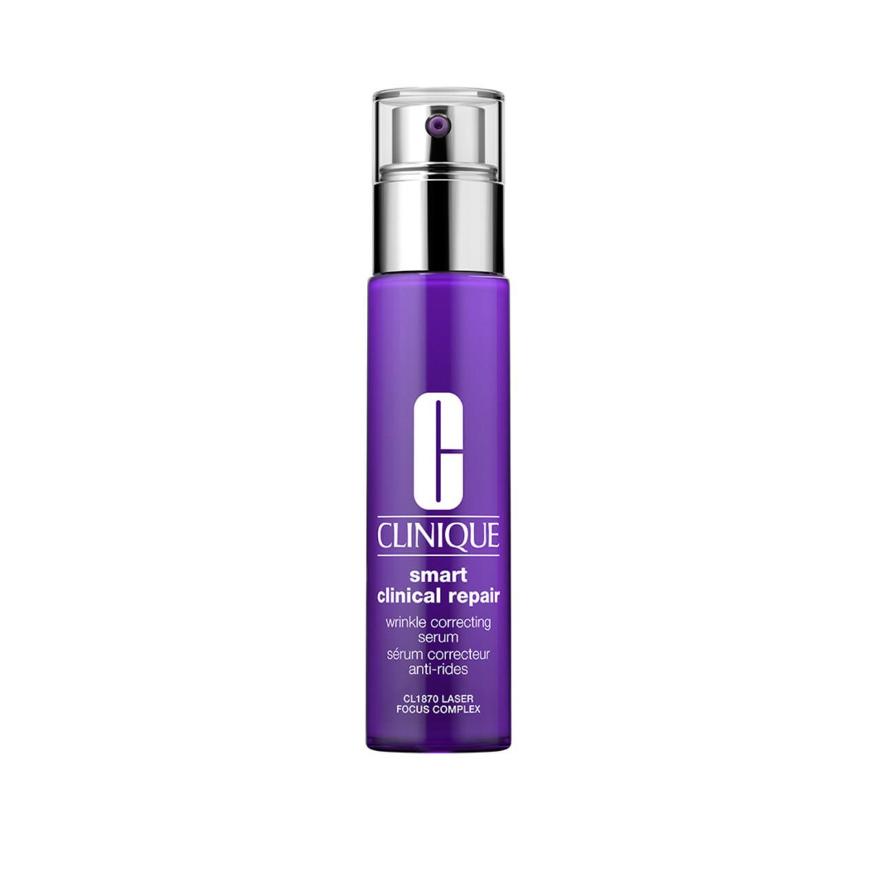 Lila Flasche mit silbernem Deckel. Aufschrift: CLINIQUE Smart Clinical Repair, Anti-Falten-Serum.