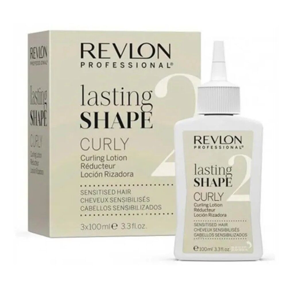 Revlon Lasting Shape 2 Curly Lotion. Eine Flasche und eine Verpackung. Weiße Flasche mit weißem Deckel. Beige Verpackung.