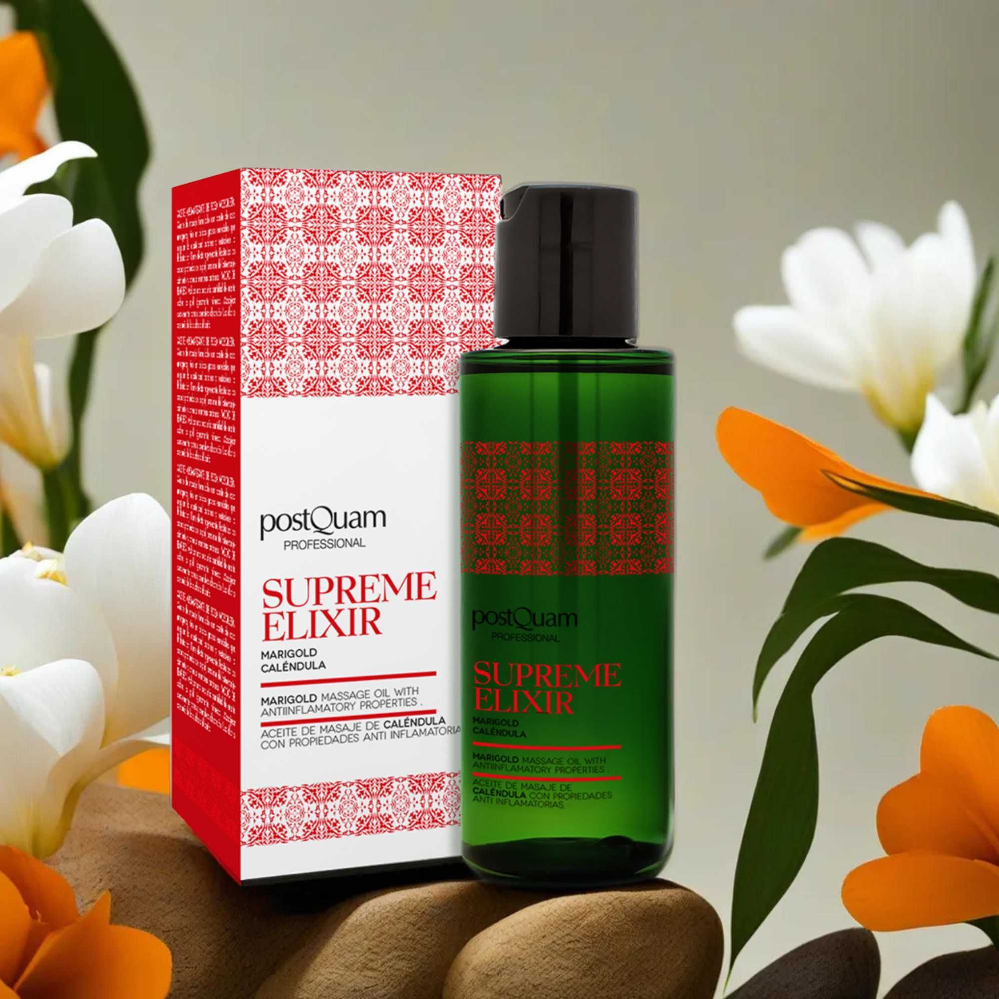 Grüne Flasche mit schwarzem Deckel und roter Beschriftung. Rote Schachtel daneben, Blumen im Hintergrund.