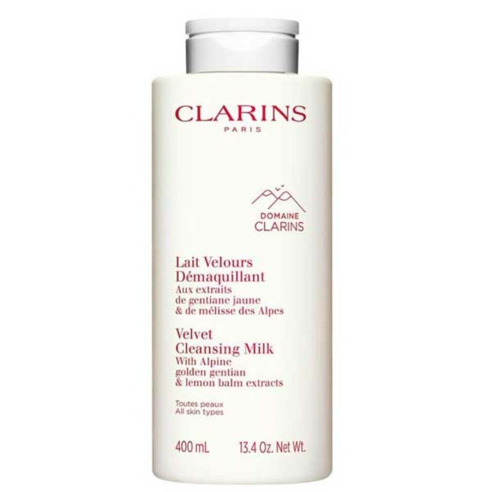Weiße Flasche mit roter Schrift. Text: Clarins Paris, Lait Velours Démaquillant, Velvet Cleansing Milk. 400 ml.