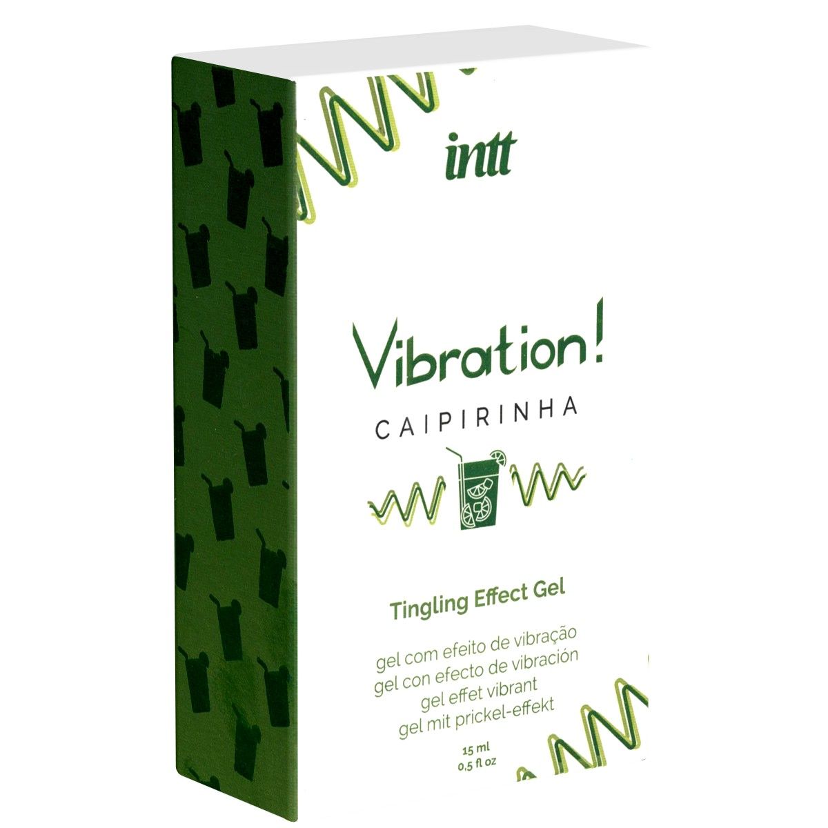 Verpackung mit Produktnamen und -details. Grün-weiße Farbgebung. Text: Vibration! Caipirinha, Tingling Effect Gel. Marke: intt.