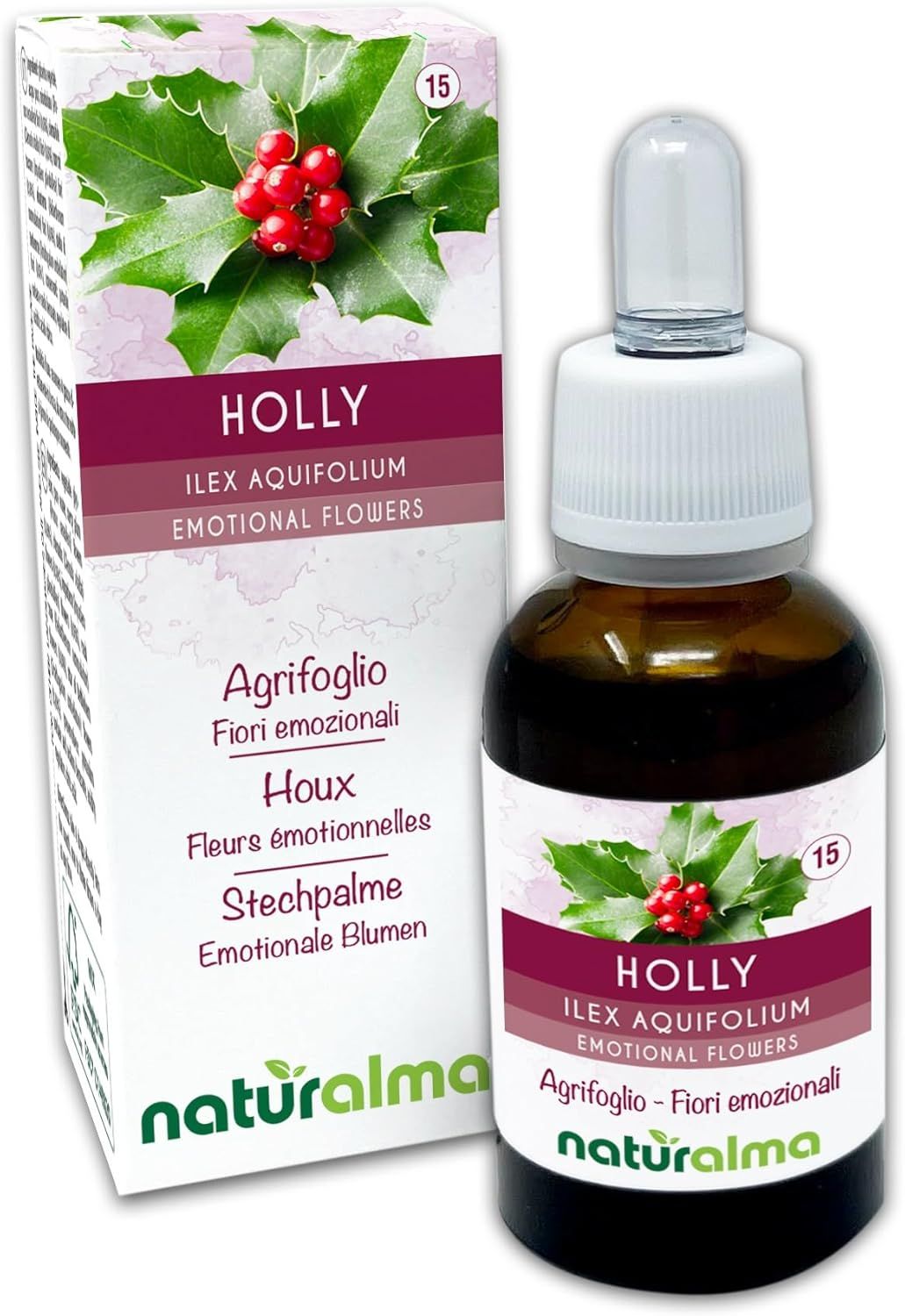 Braune Glasflasche mit weißem Verschluss und Tropfer. Daneben eine Schachtel mit Holly-Motiv und Produktbezeichnung.