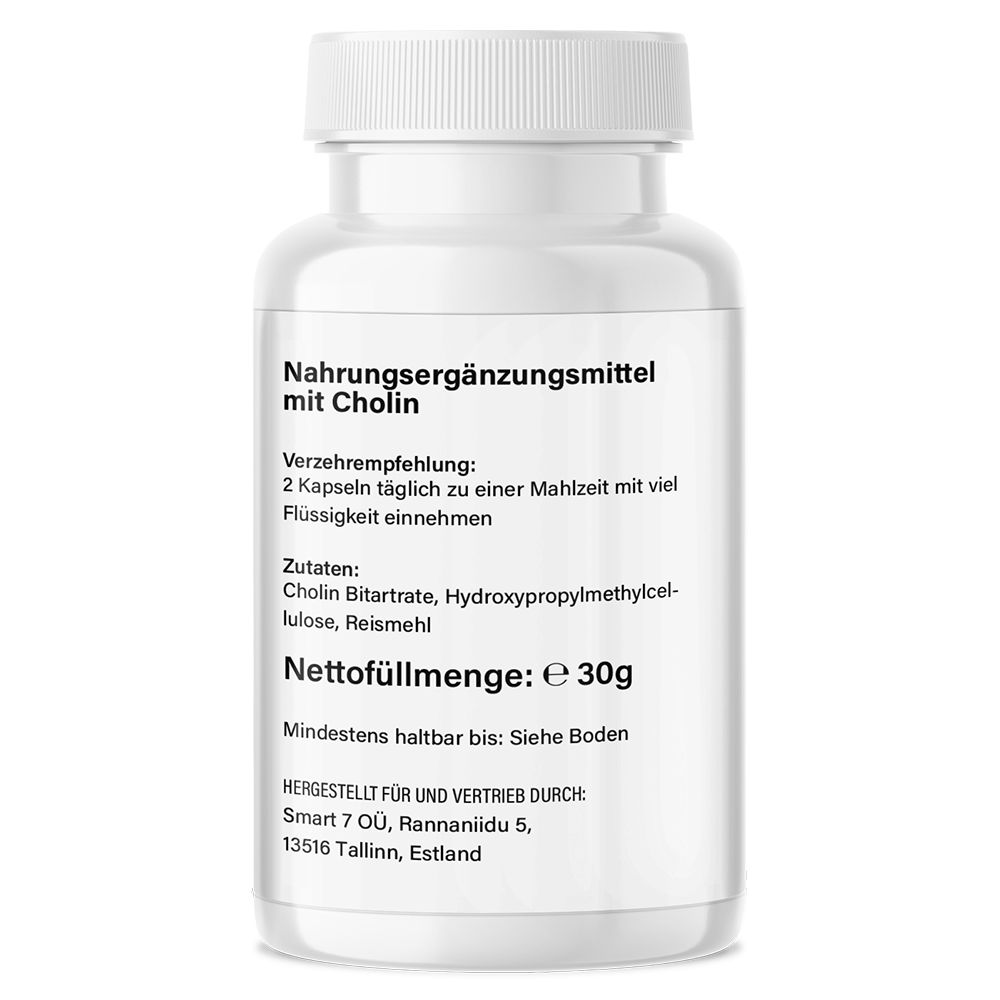 Rückseite einer weißen Flasche mit Kapseln. Text: Nahrungsergänzungsmittel mit Cholin. Zutaten, Nettogewicht 30g.