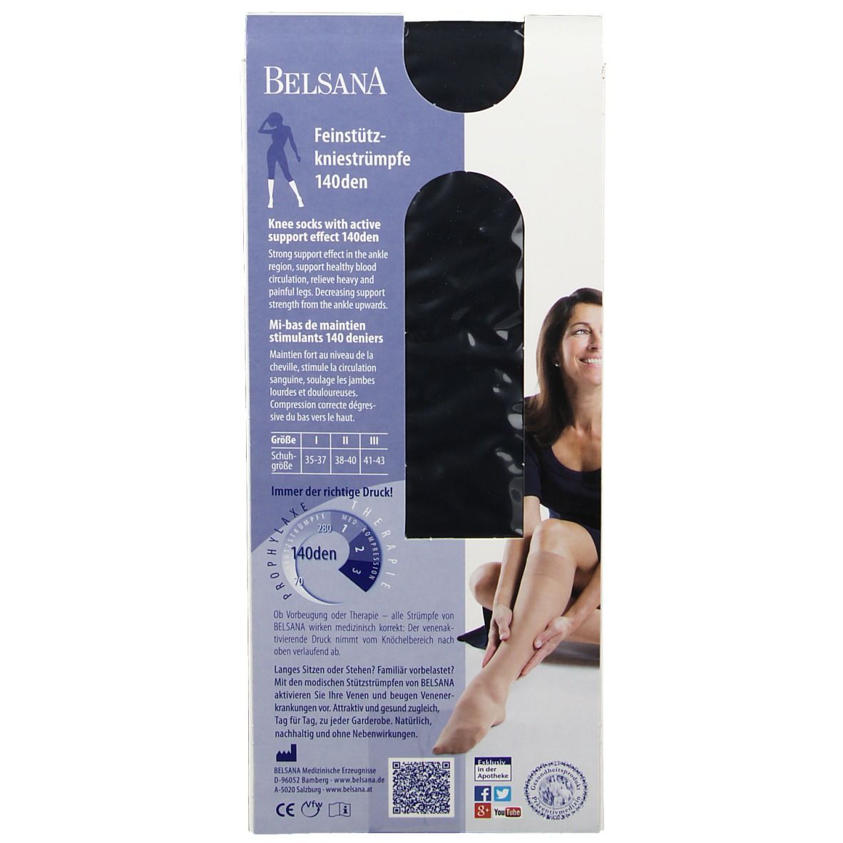 Verpackung mit Belsana Feinstütz-Kniestrümpfen. Schwarze Strümpfe in der Verpackung. Aufdruck: 140den, Größenangaben.